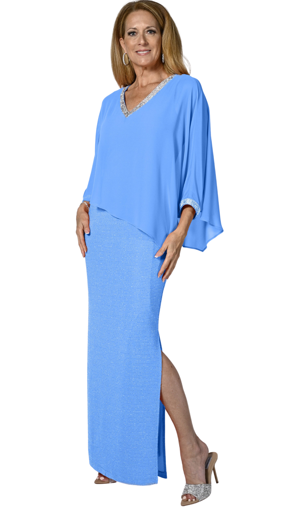 Chiffon Cape Overlay Rhinestone Trim Gown. Style FL238341