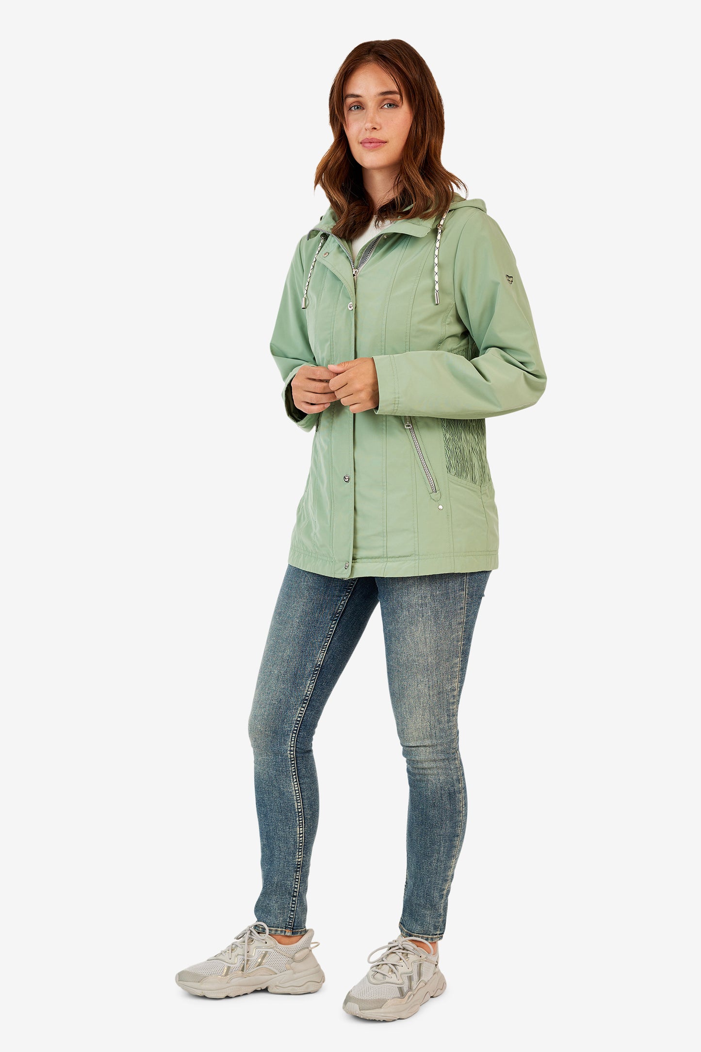 Side Gather Detachable Hood Spring Jacket. Style FR820