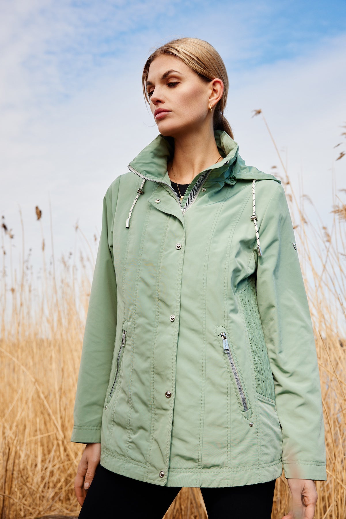 Side Gather Detachable Hood Spring Jacket. Style FR820