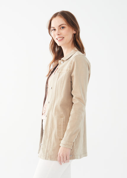 Button Front Long Denim Jacket in Sand Dollar. Style FD1825511