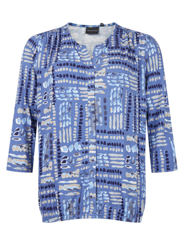 Notch Neck Elastic Hem Blue Abstract Print Top. Style BTX219239