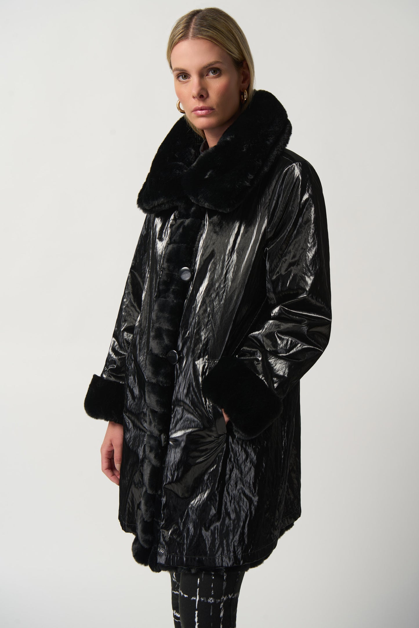 Faux Fur to Shiny Reversible Outerwear in Silver or Black. Style JR233900