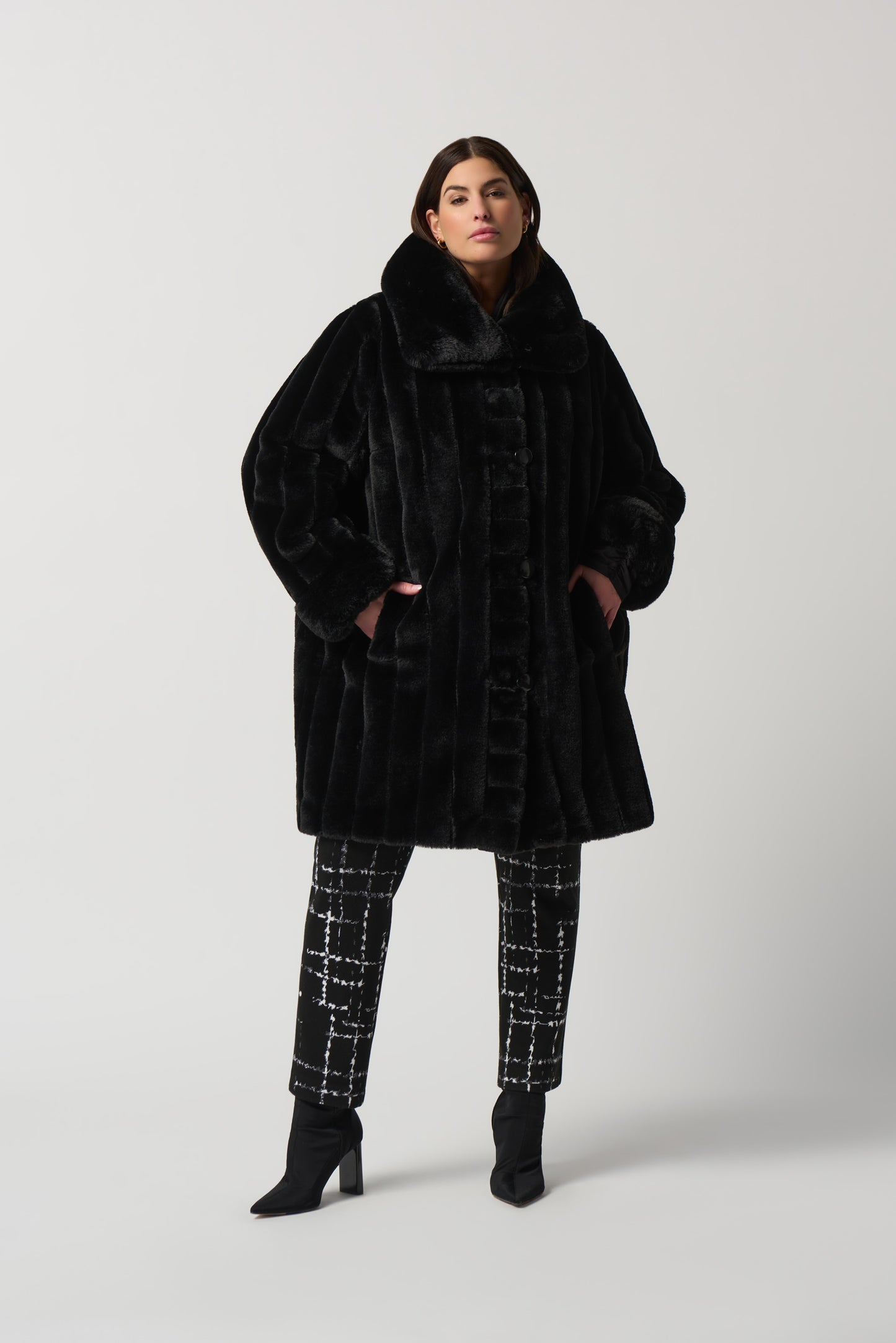 Faux Fur to Shiny Reversible Outerwear in Silver or Black. Style JR233900