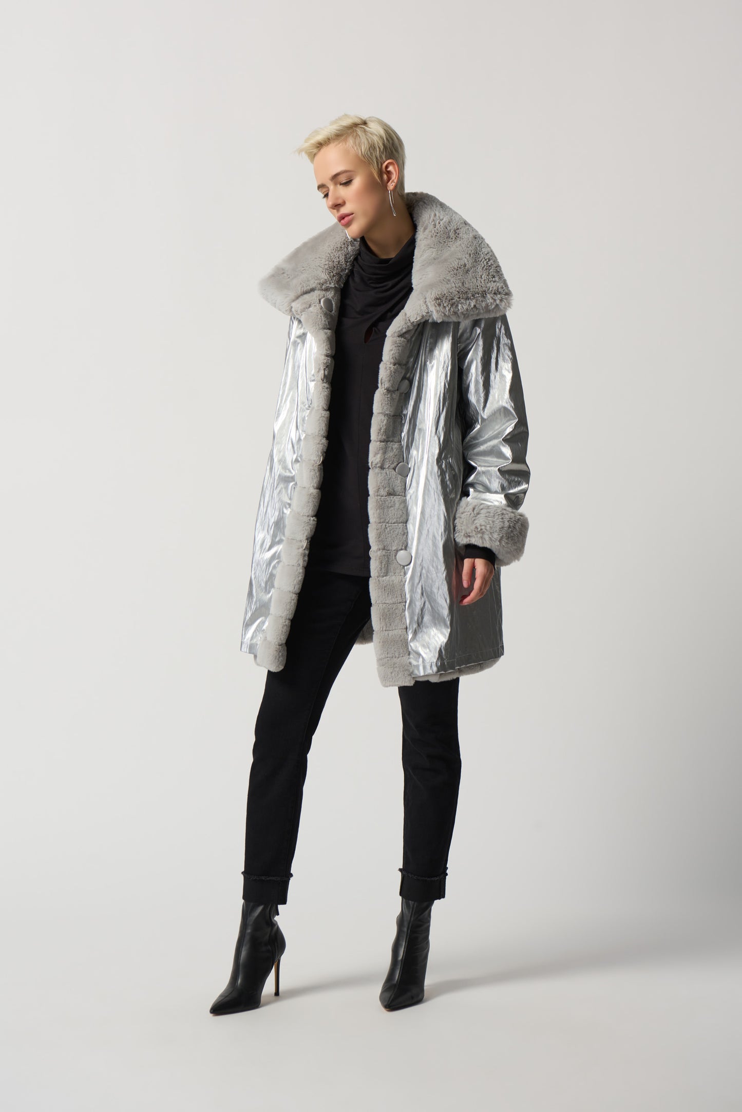 Faux Fur to Shiny Reversible Outerwear in Silver or Black. Style JR233900