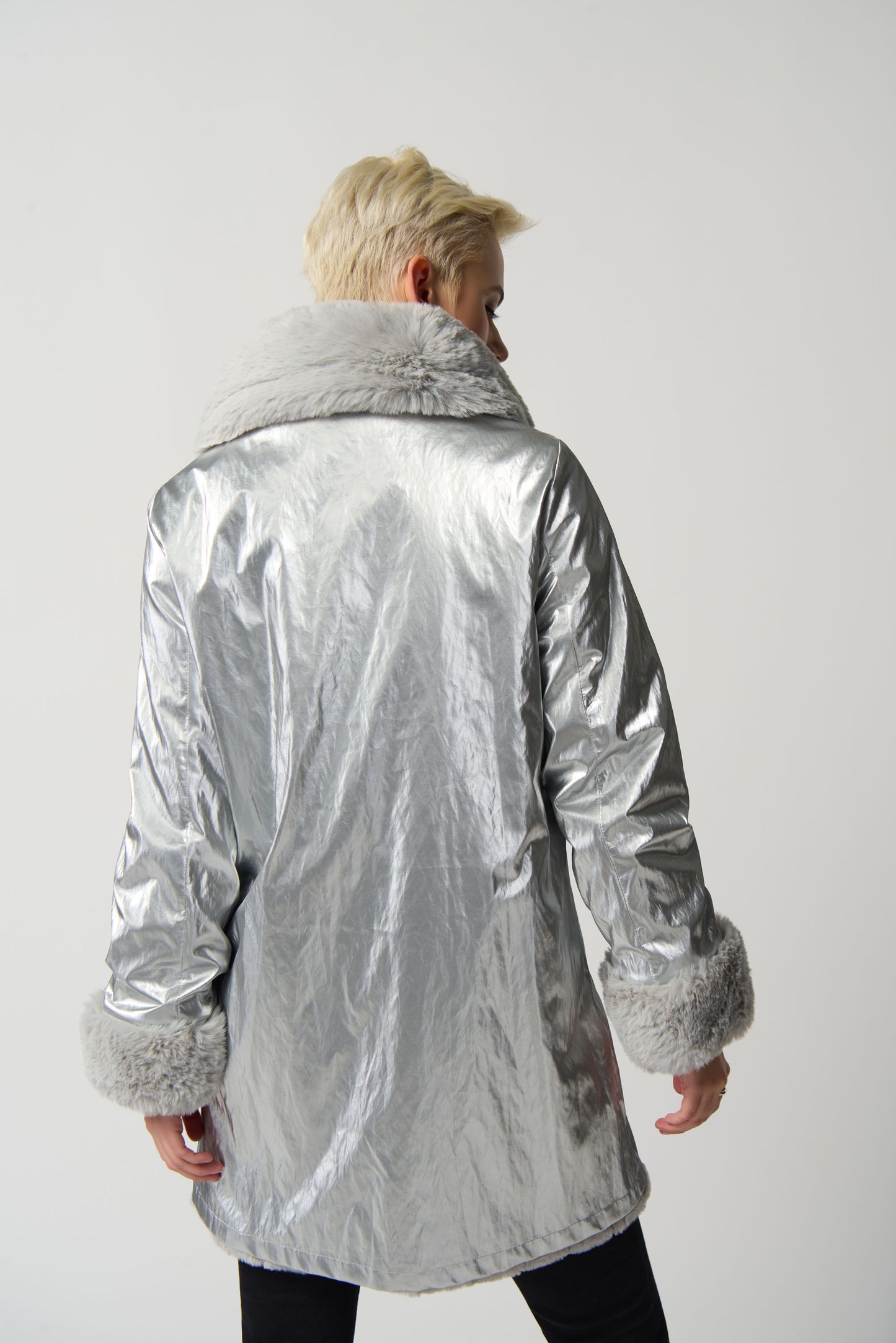 Faux Fur to Shiny Reversible Outerwear in Silver or Black. Style JR233900