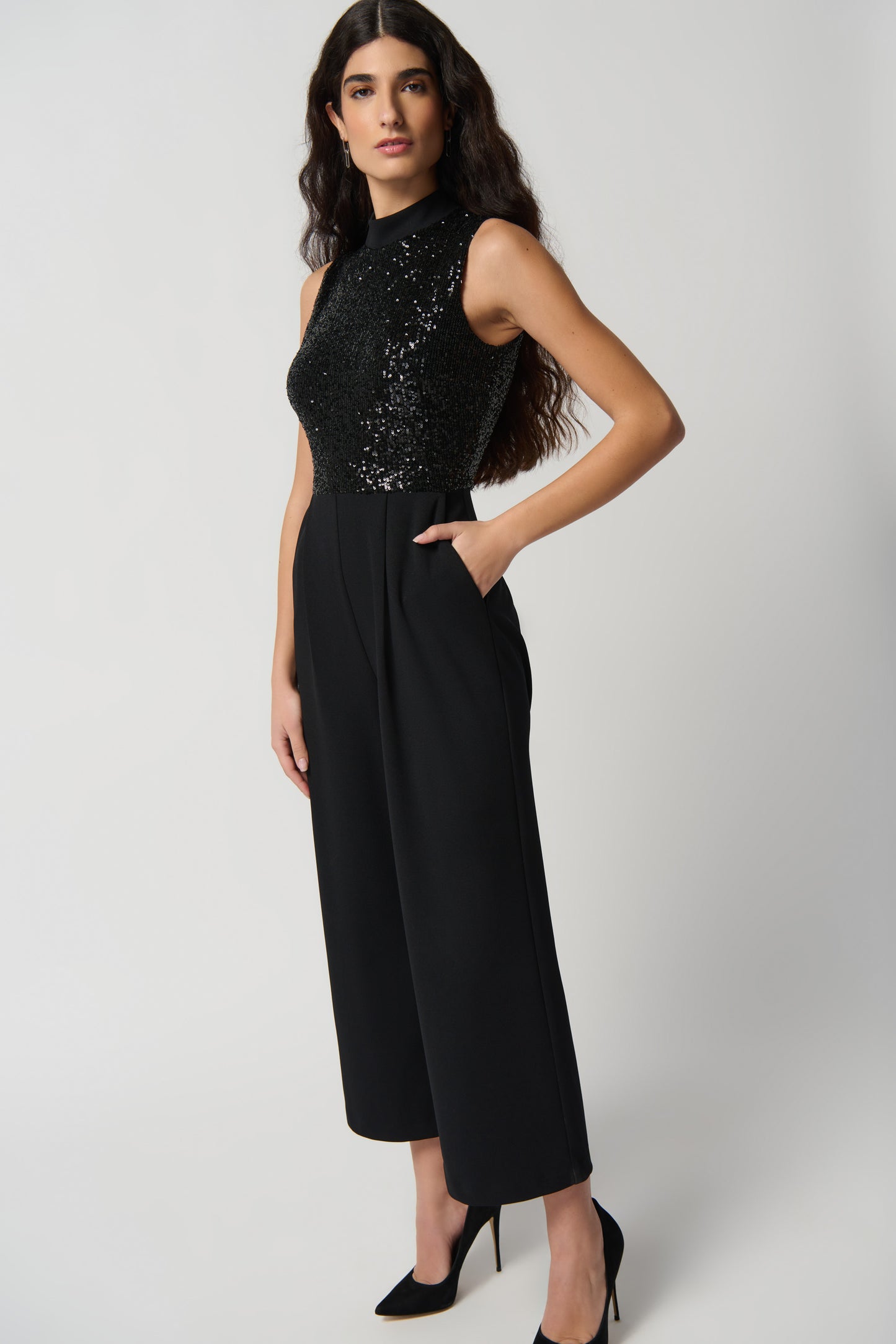 Sequins & Scuba Crepe Wide Leg Jumpsuit. Style JR234205