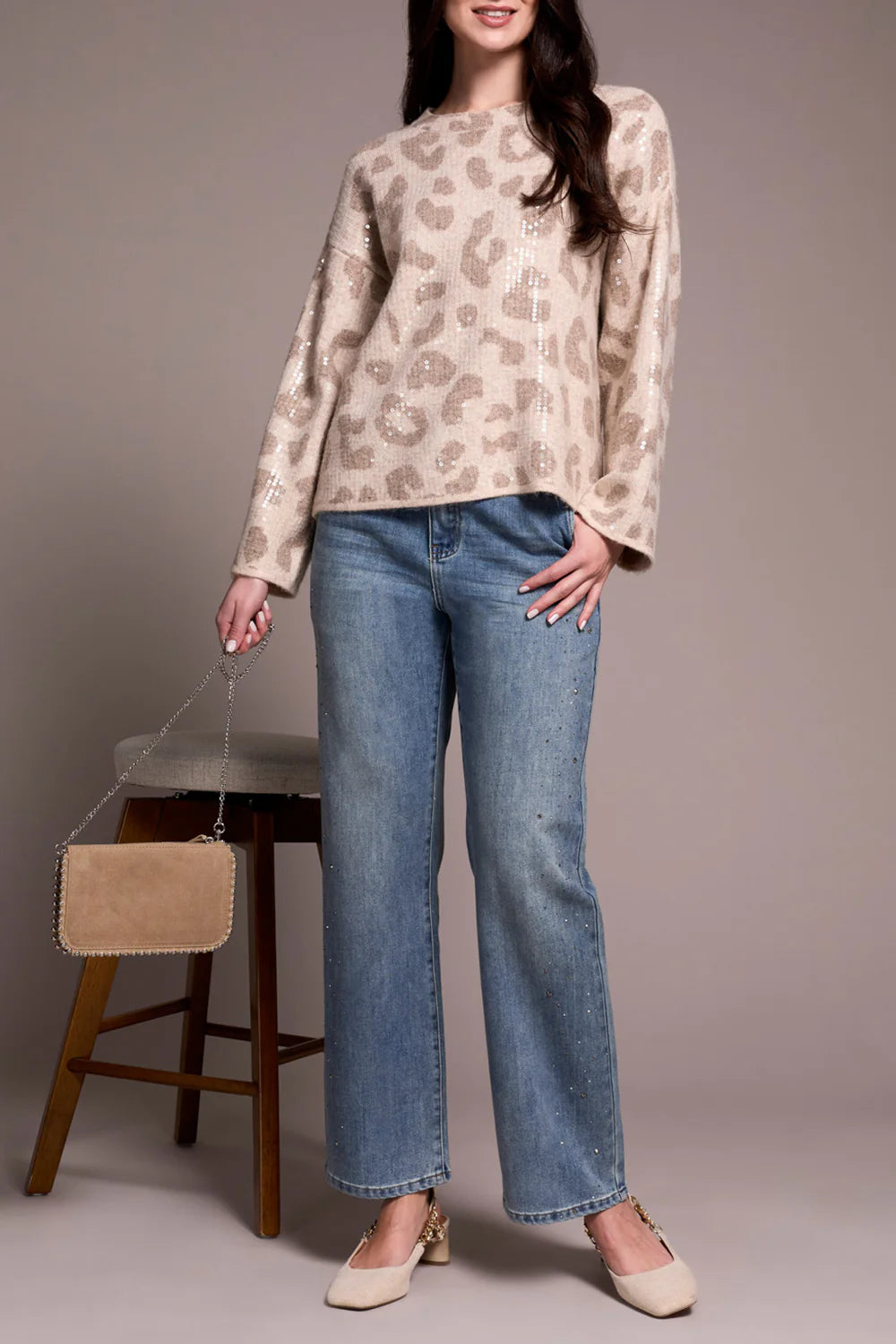 Sequined Animal Print Knit Sweater. Style TR2387O-8344