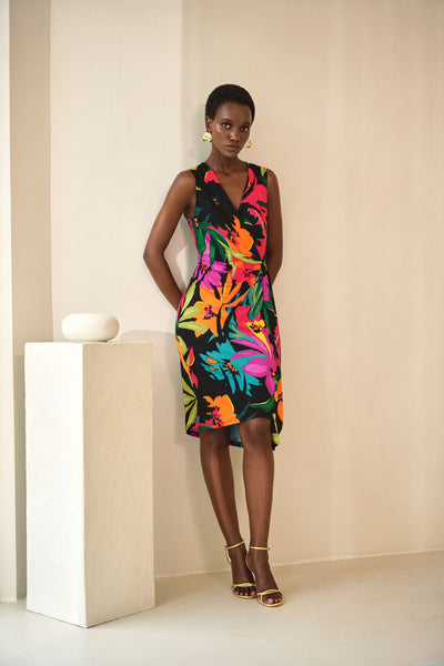 Silky Knit Tropical Print Wrap Dress. Style JR242012