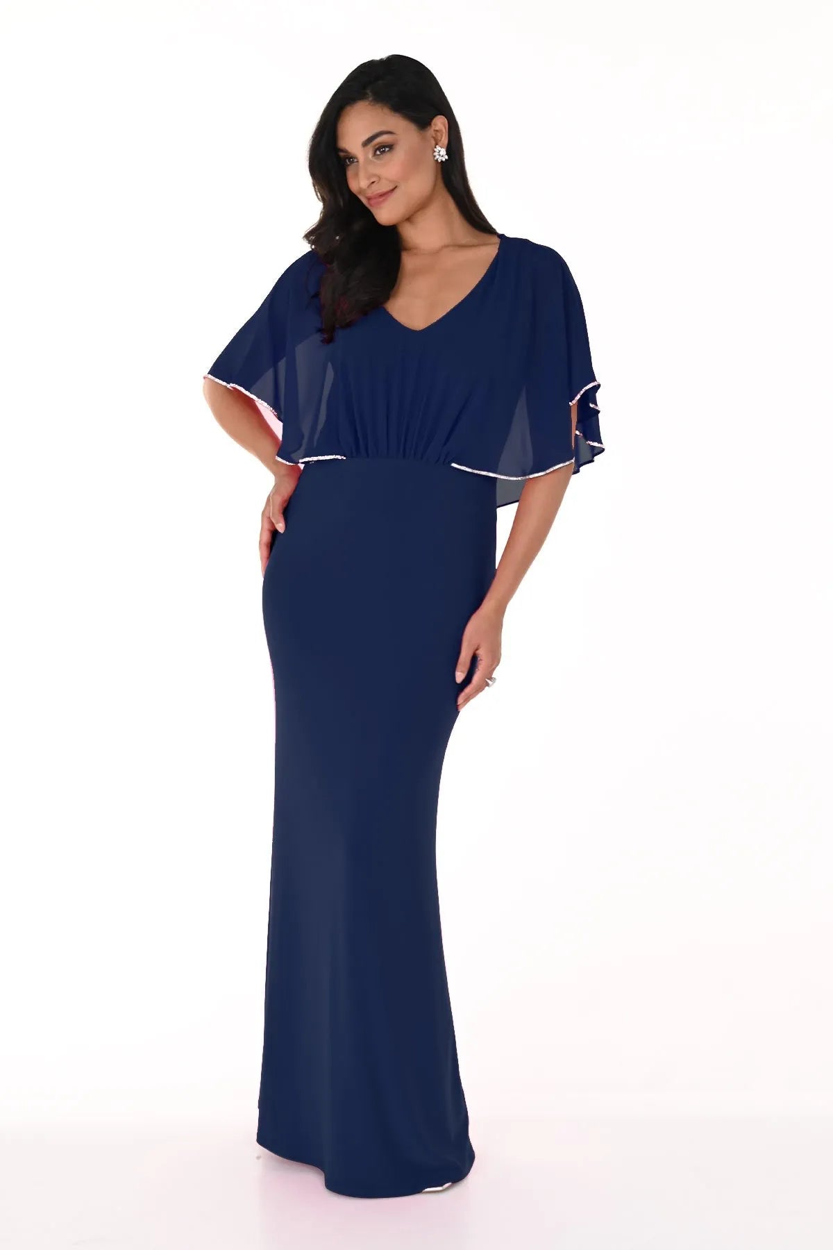 Chiffon Rhinestone Trim Half Cape Gown. Style FL248026