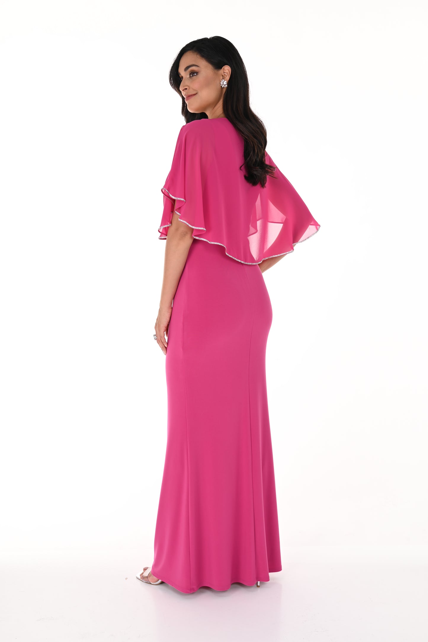 Chiffon Rhinestone Trim Half Cape Gown. Style FL248026