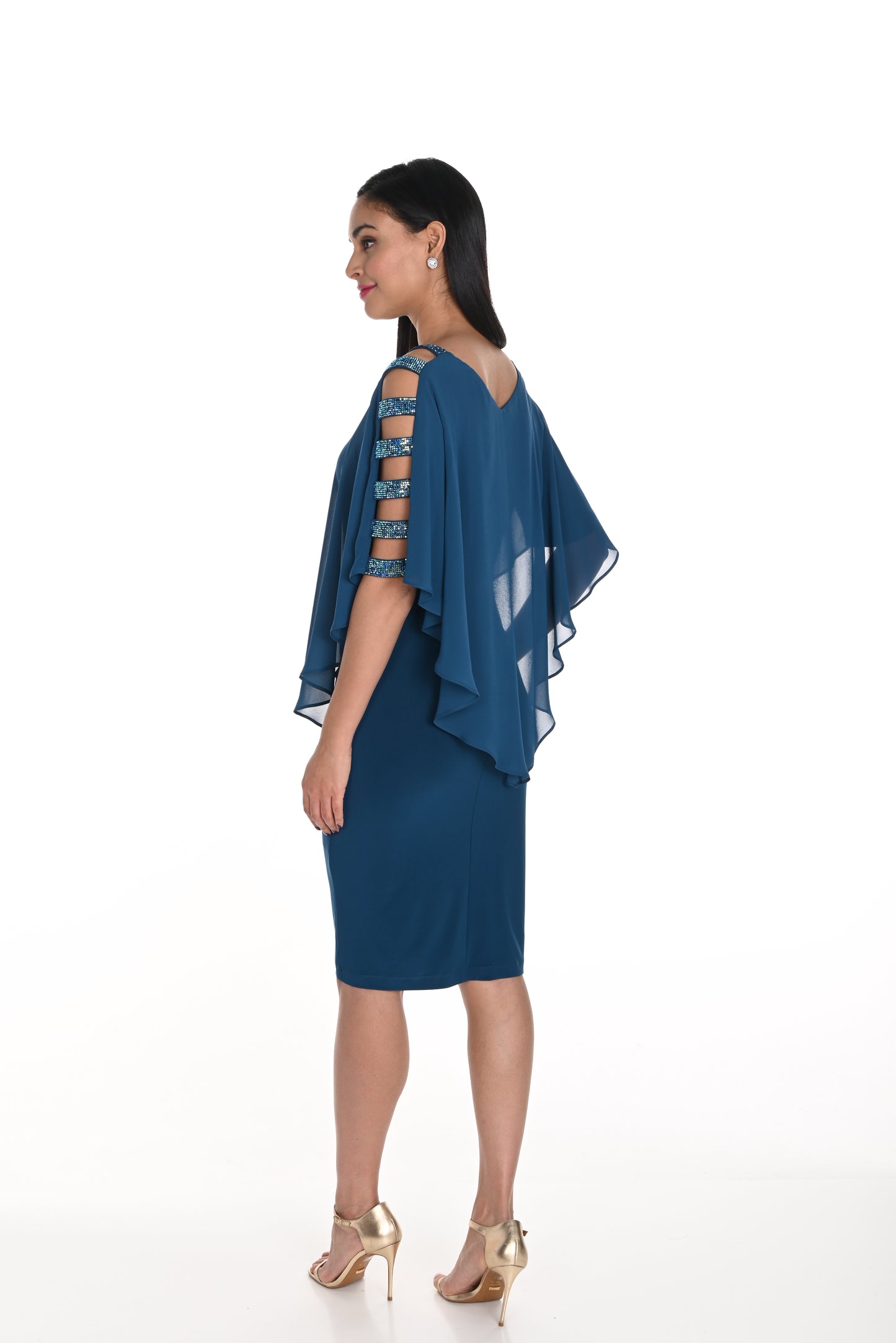 Chiffon Cape Overlay with Rhinestone Panel Sleeves. Style FL249008