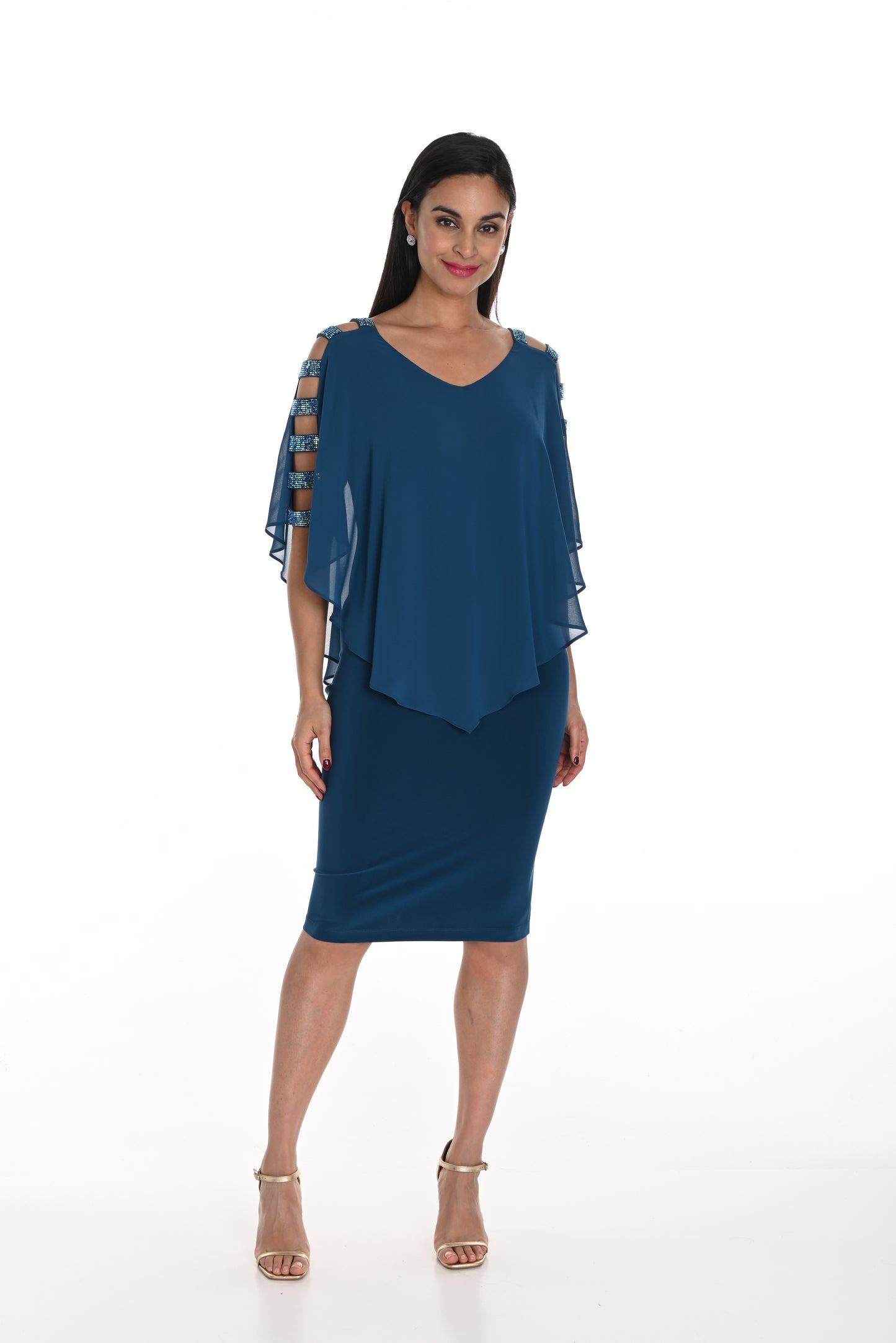 Chiffon Cape Overlay with Rhinestone Panel Sleeves. Style FL249008