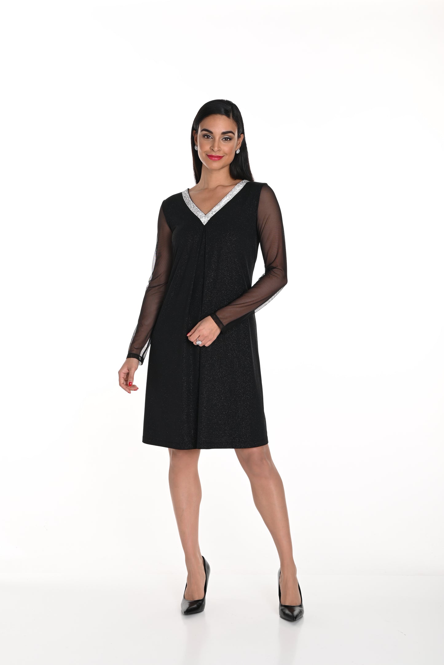 Sheer Sleeve Rhinestone V-Neck Dress. Style FL249181