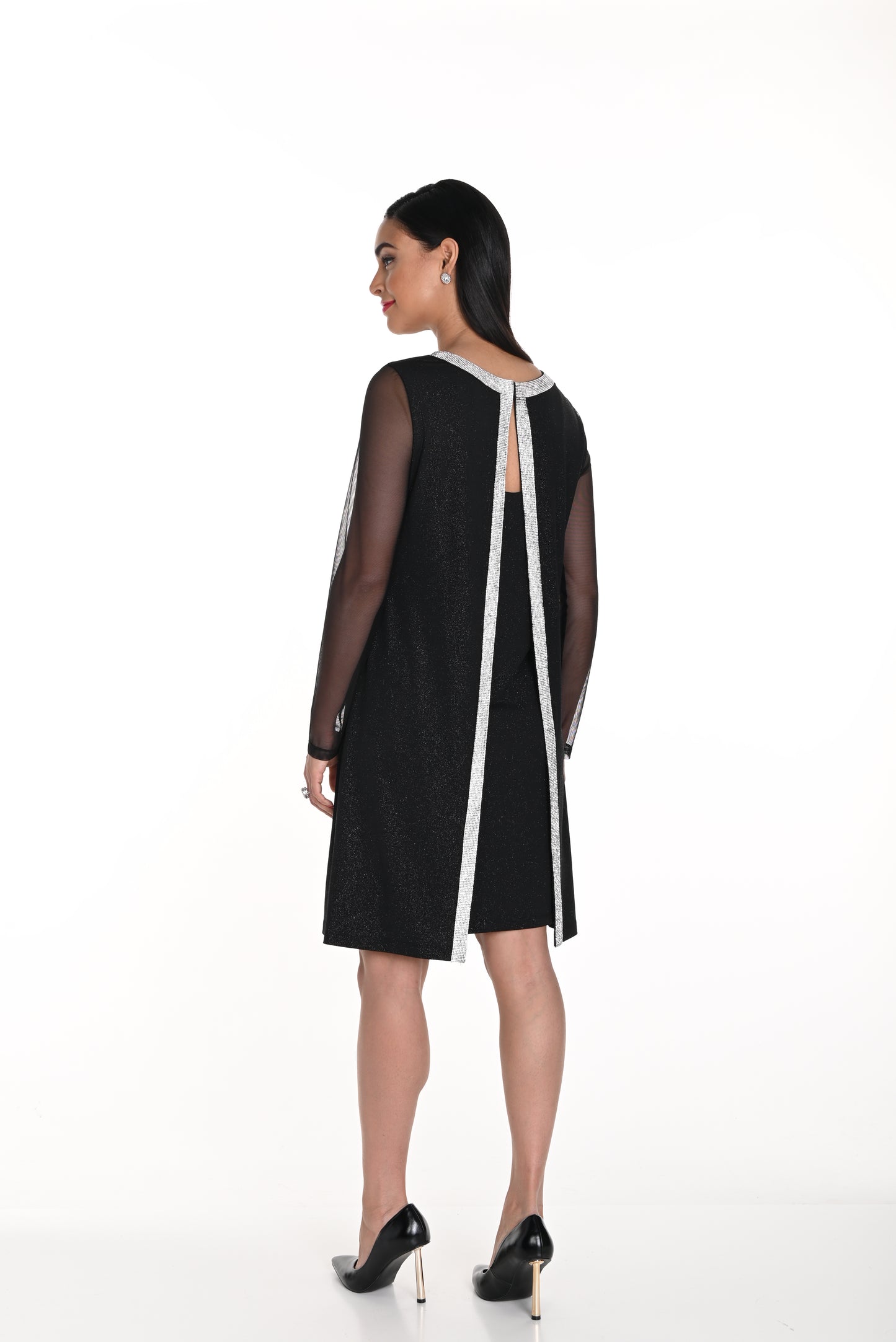 Sheer Sleeve Rhinestone V-Neck Dress. Style FL249181