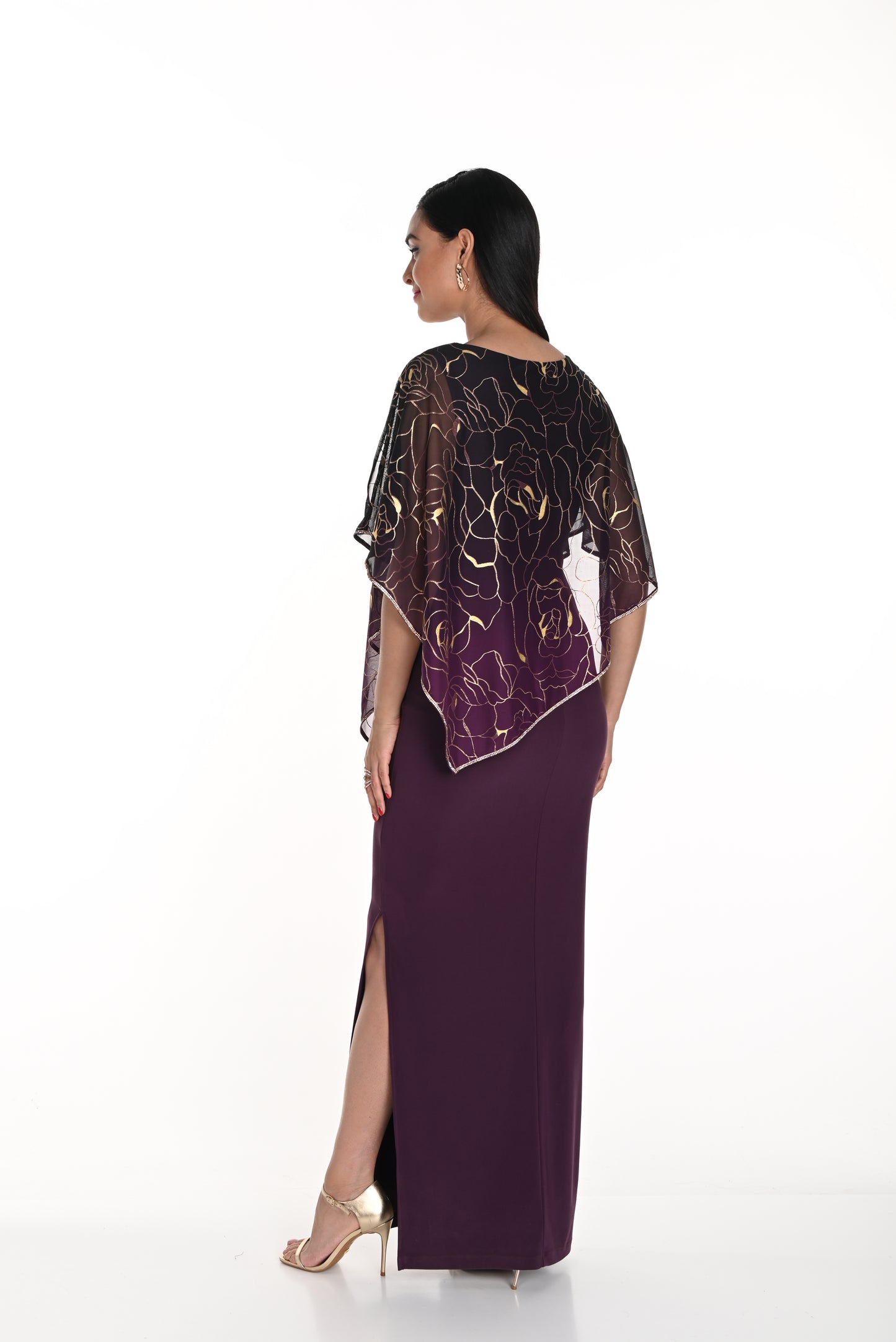 Shimmer Gold Printed Cape Overlay Gown. Style FL249253