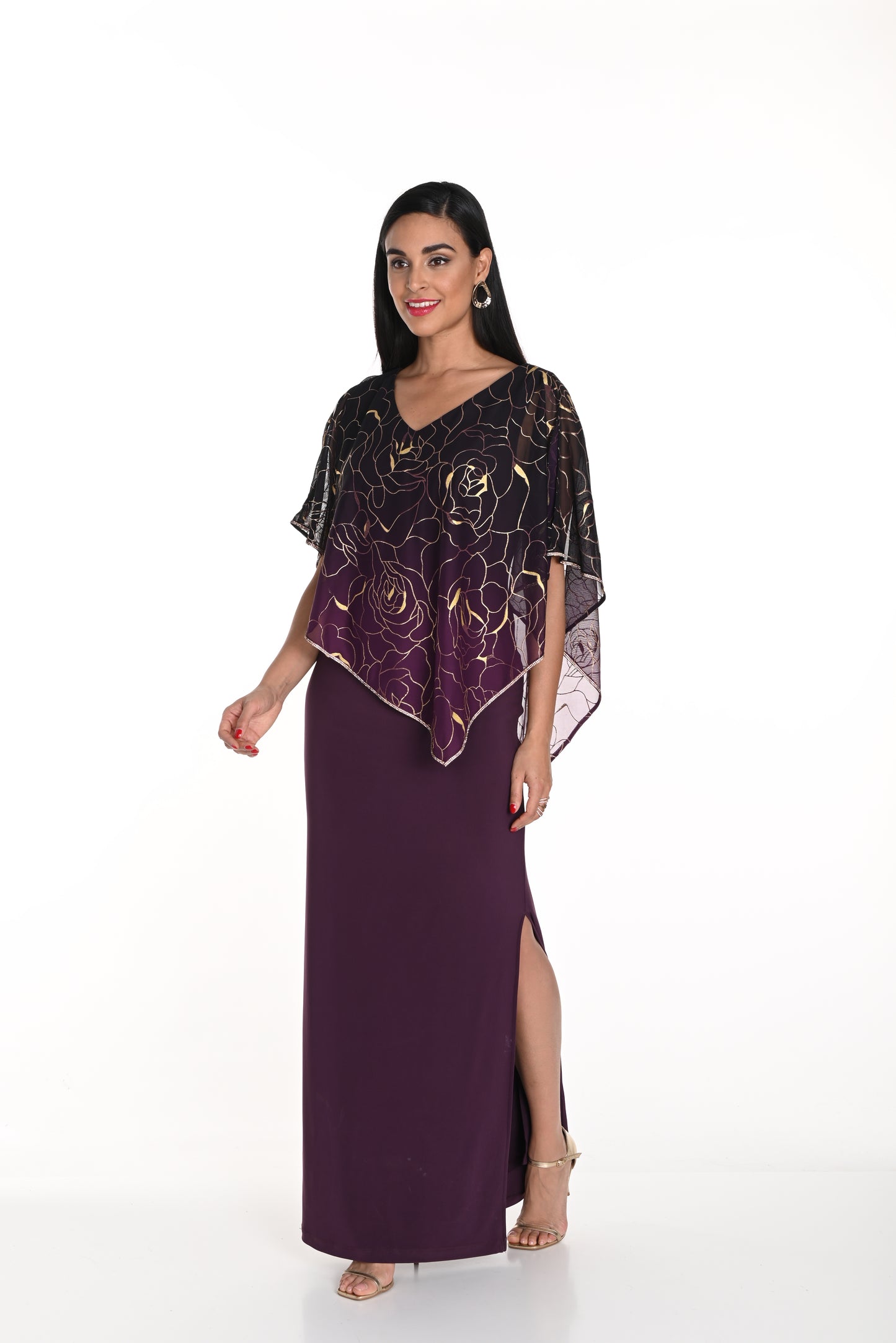 Shimmer Gold Printed Cape Overlay Gown. Style FL249253