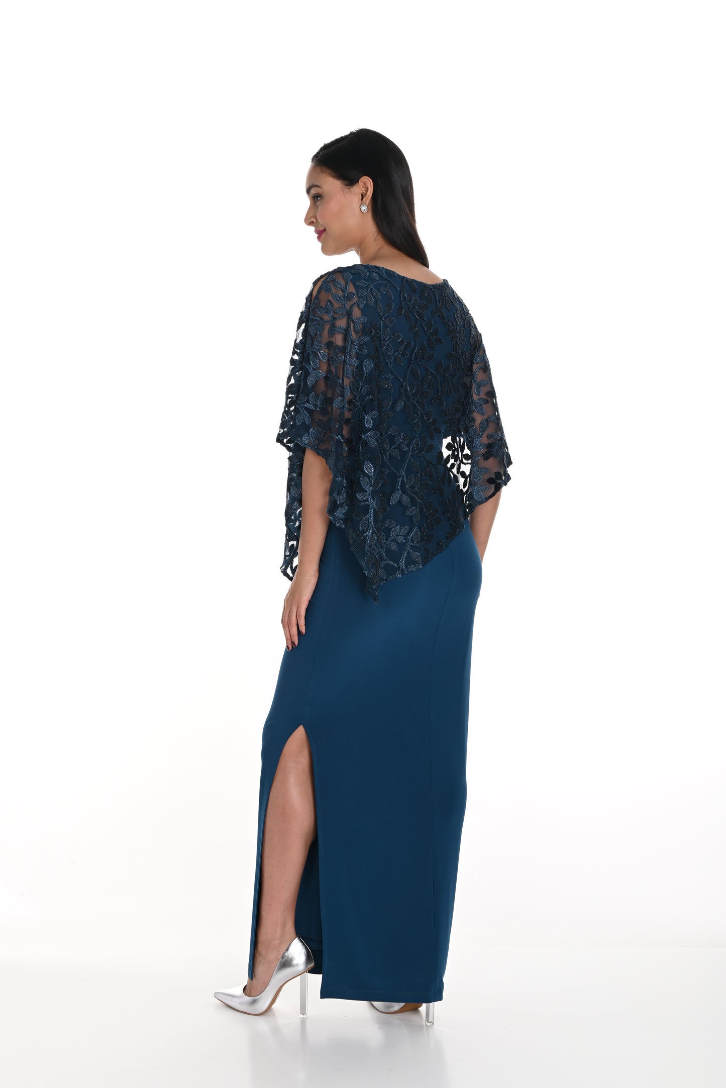 Gown with Asymmetrical Textured Floral Cape Overlay. Style FL249278
