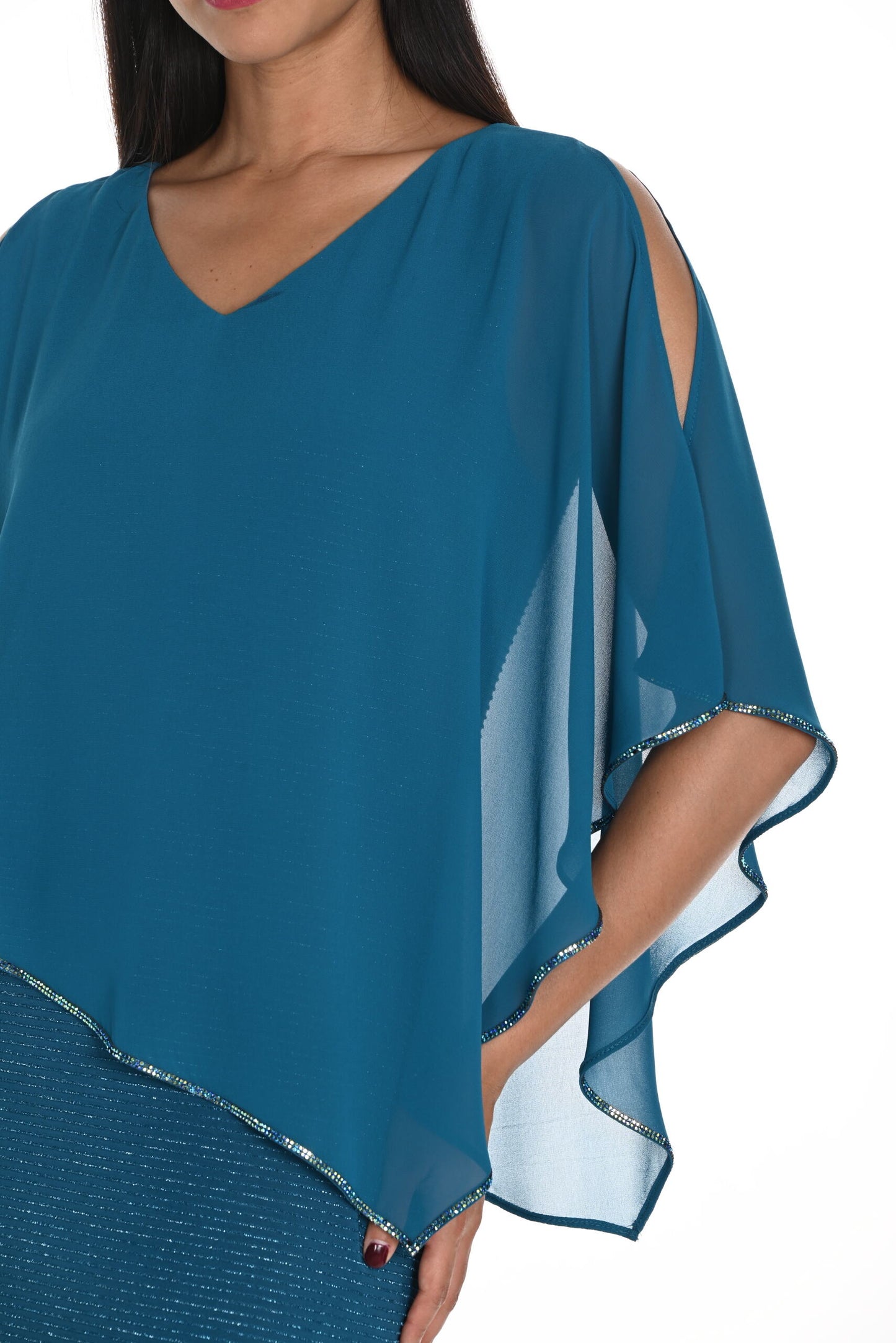 Chiffon Cape & Sparkle Stripe Gown. Style FL249301