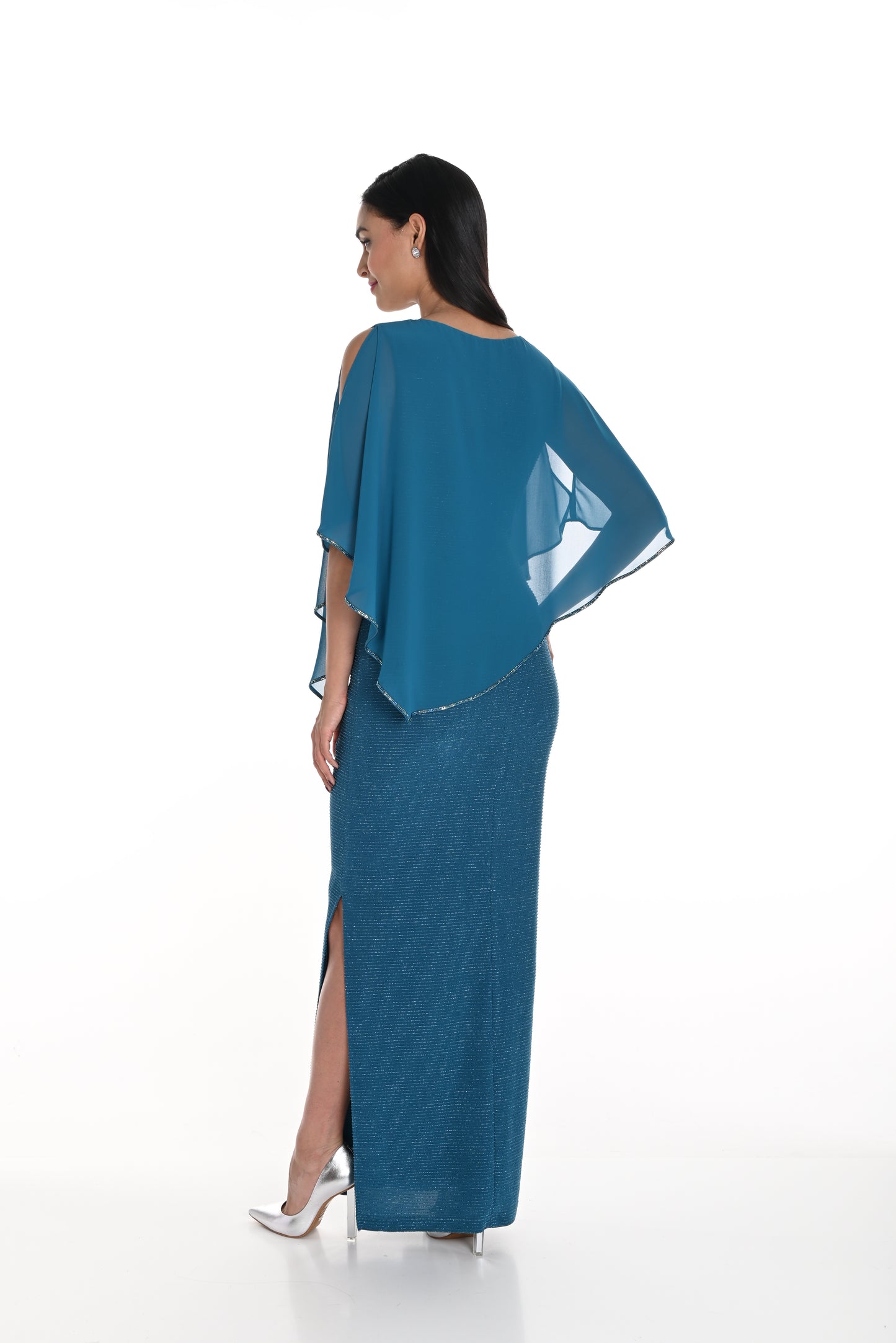 Chiffon Cape & Sparkle Stripe Gown. Style FL249301