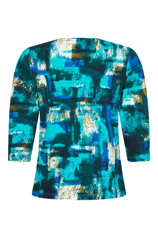 Round Neck 3/4 Length Blue Print Top. Style SUN6560