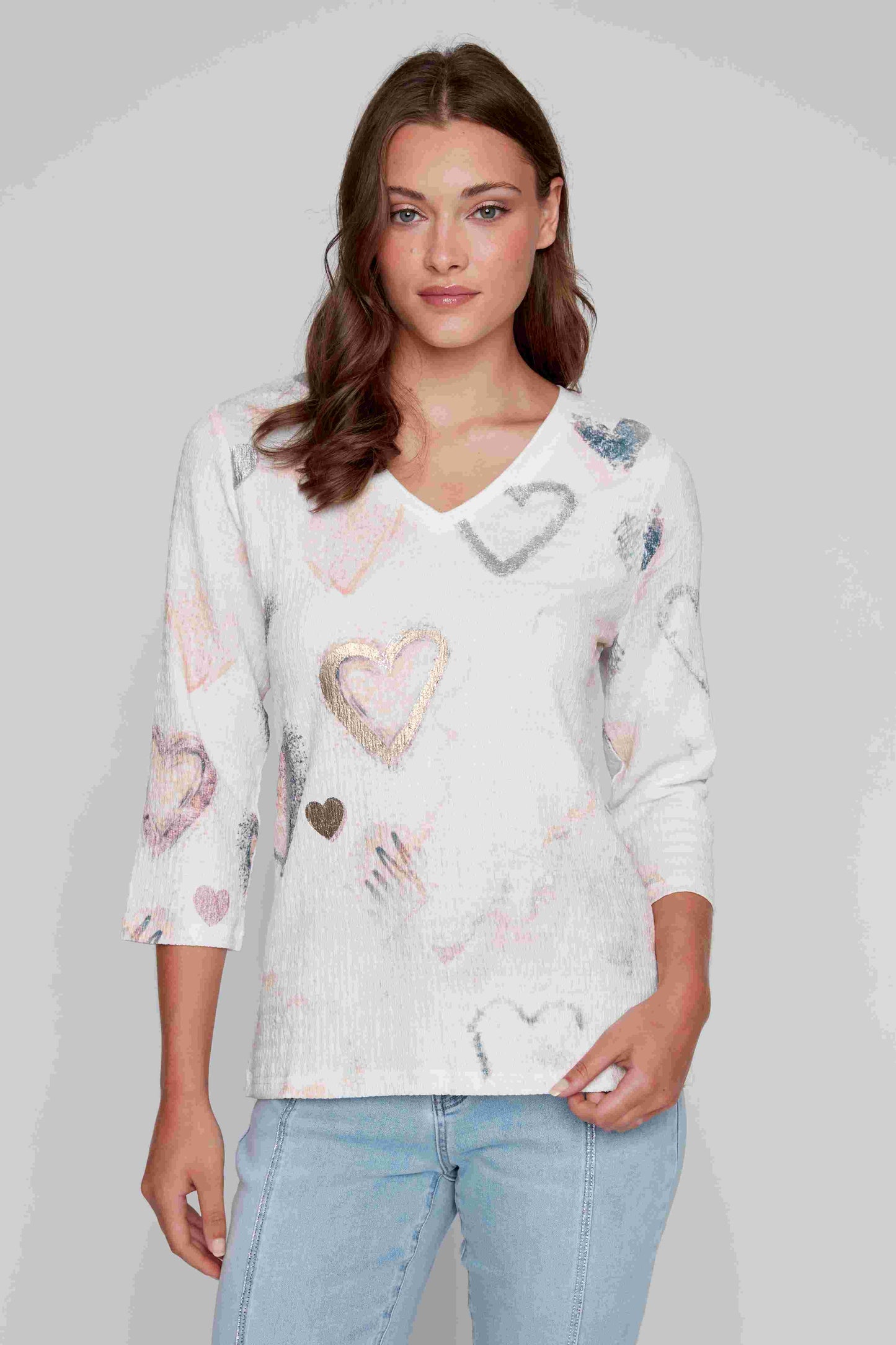 V-Neck 3/4 Sleeve Heart Print Top. Style CYC2516060