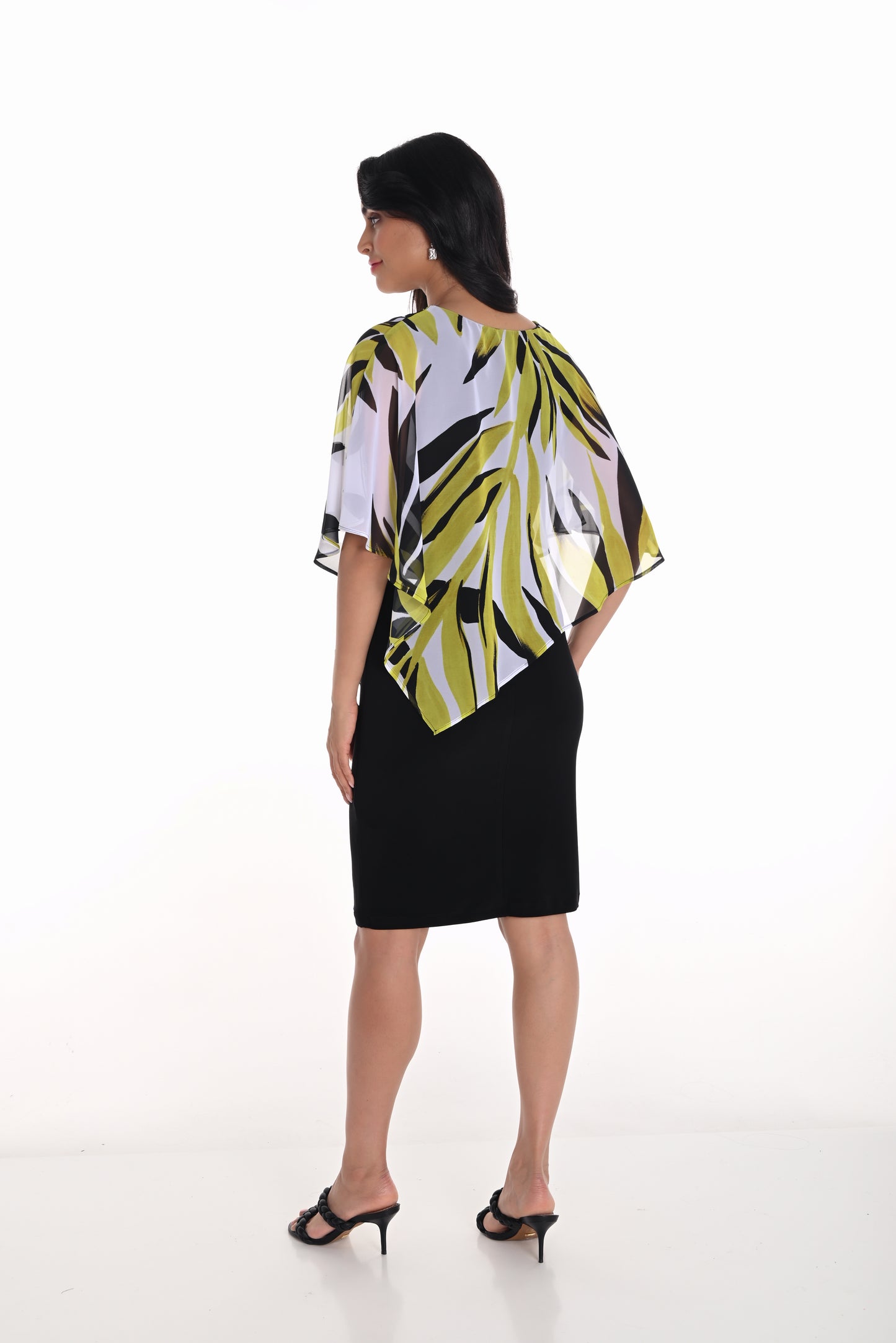 Leaf Print Chiffon Cape Overlay Dress. Style FL251324