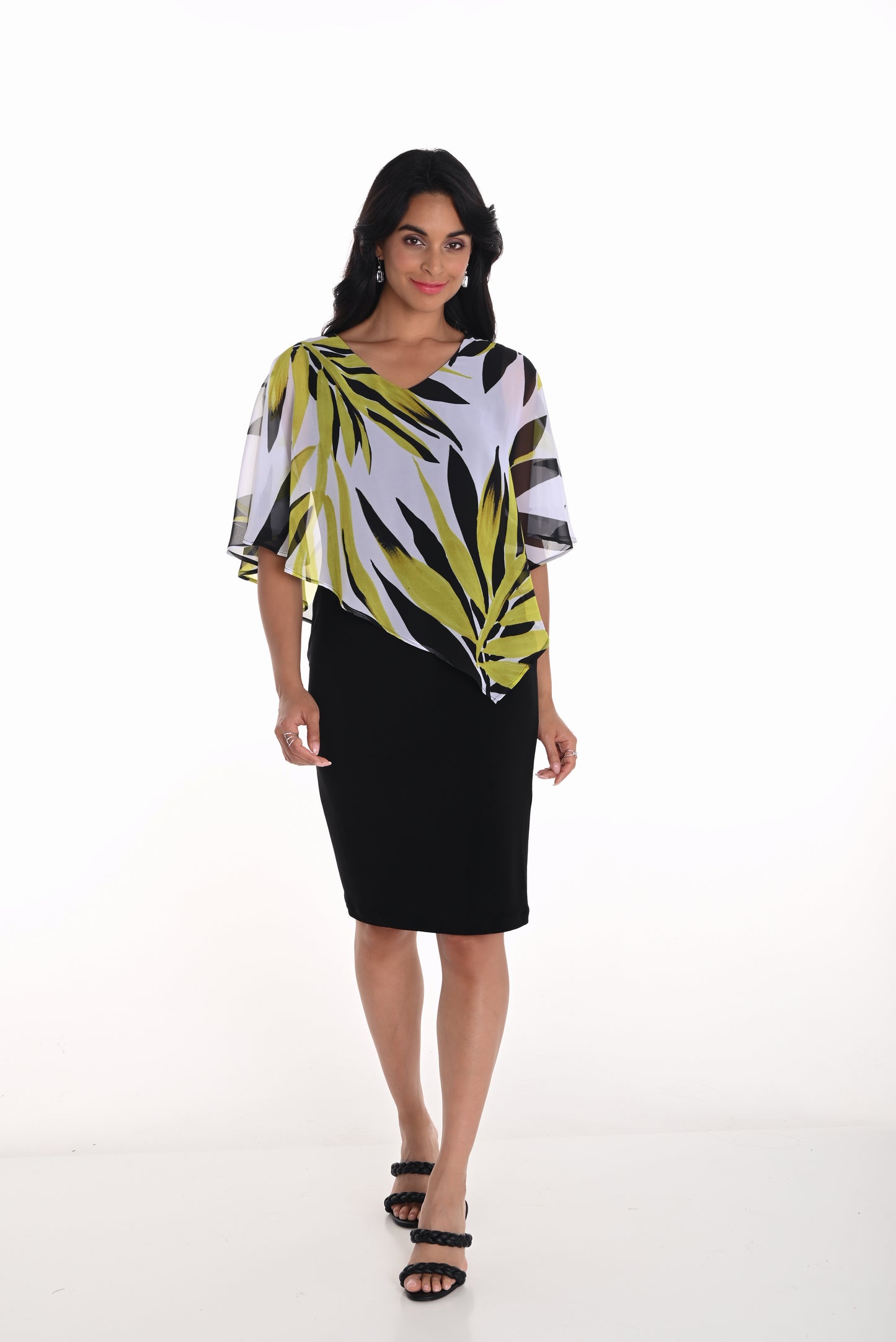 Leaf Print Chiffon Cape Overlay Dress. Style FL251324