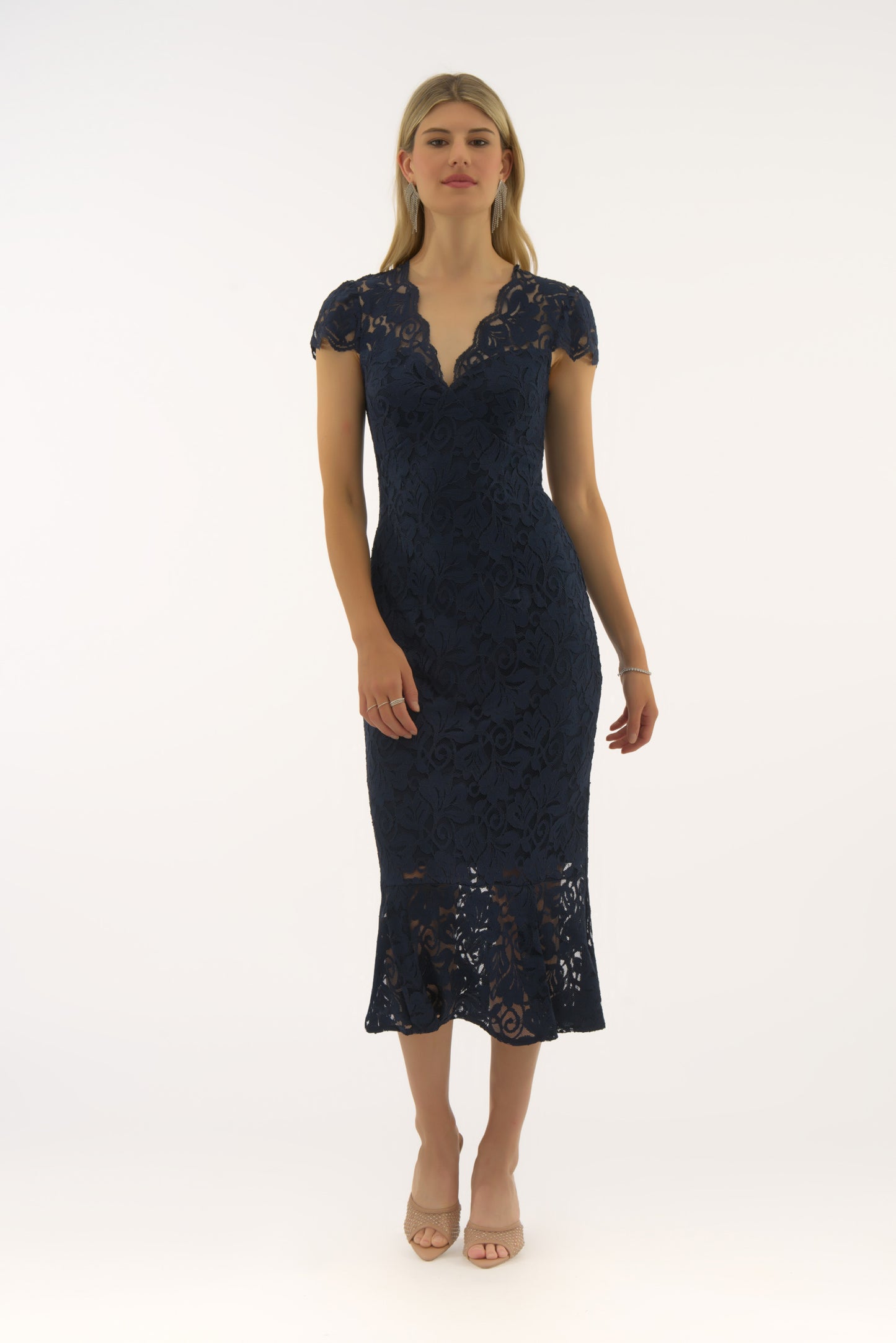 Stretch Lace Trumpet Midi Dress. Style JR251714