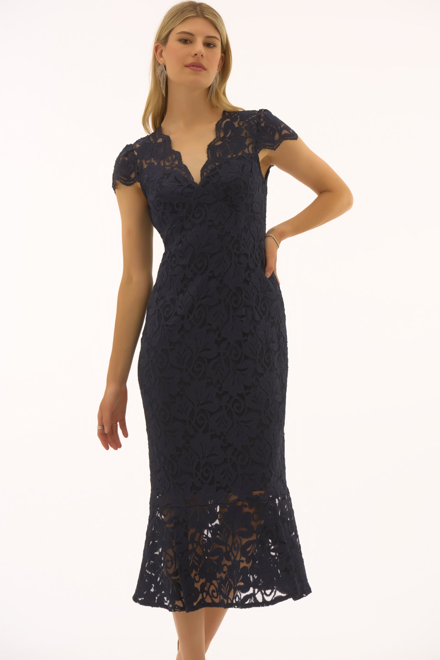 Stretch Lace Trumpet Midi Dress. Style JR251714