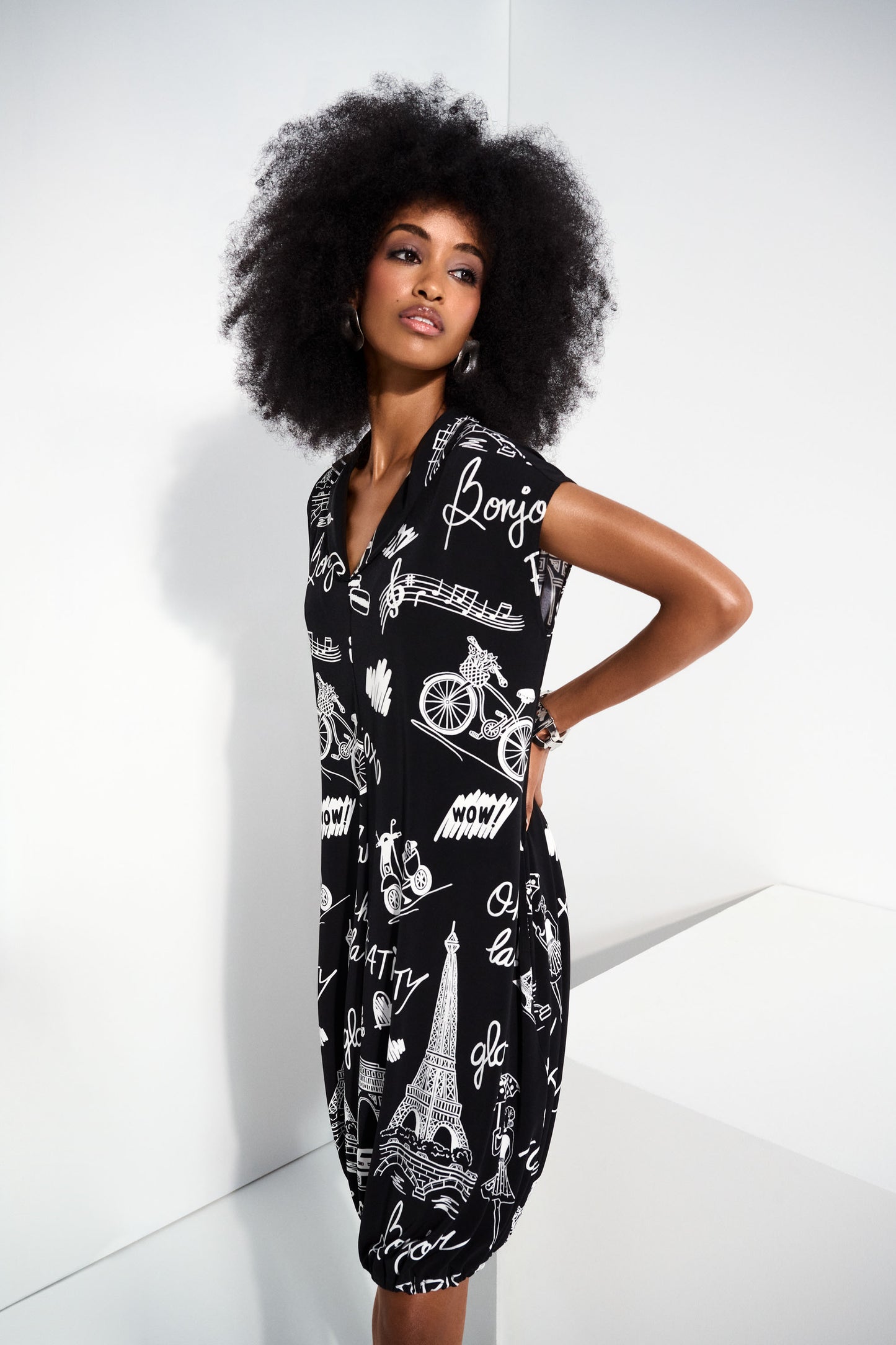 Paris Print Silky Knit Cocoon Dress. Style JR252025