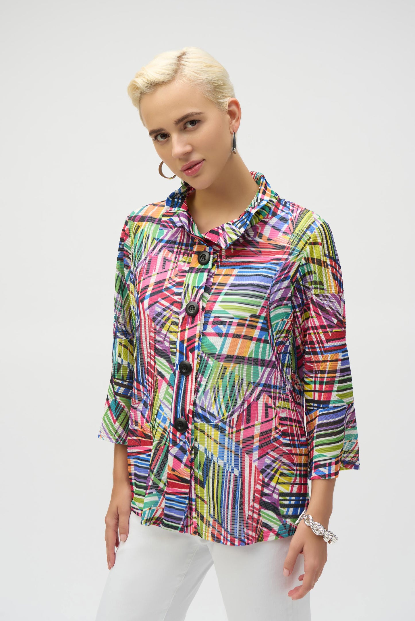 Jacquard Stripe 3/4 Sleeve Trapeze Jacket. Style JR252038