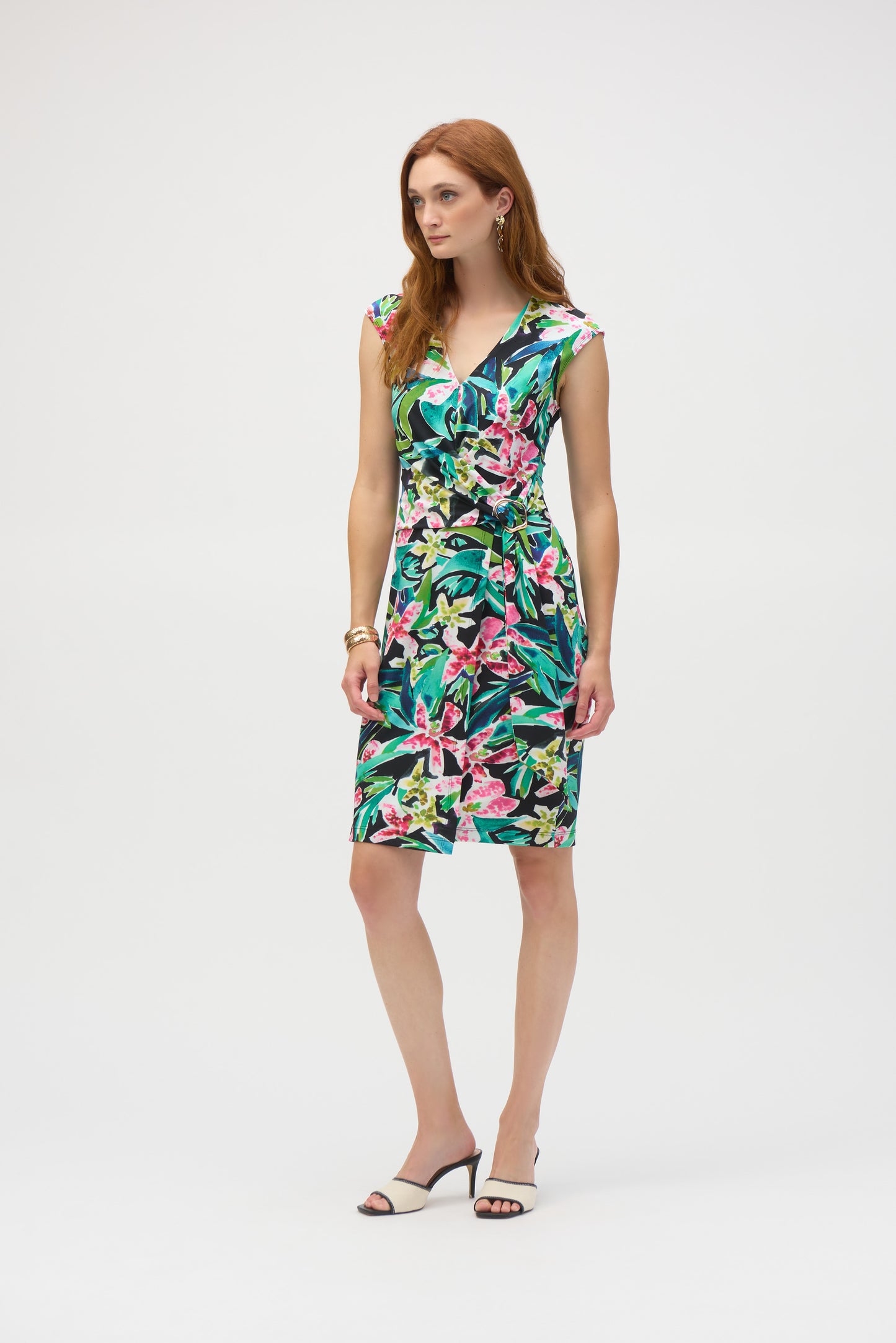 Silky Knit Tropical Print Sheath Dress. Style JR252079