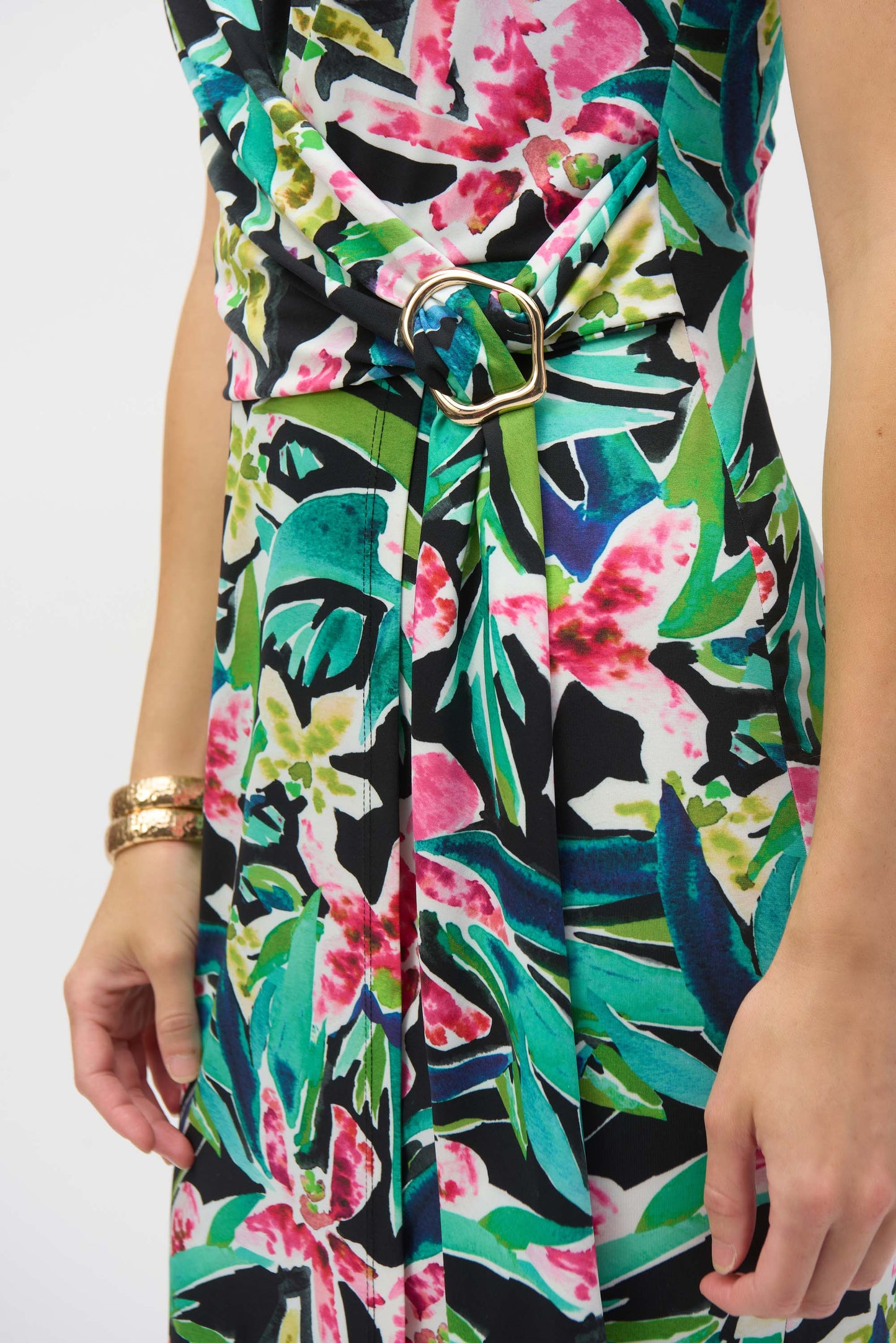 Silky Knit Tropical Print Sheath Dress. Style JR252079