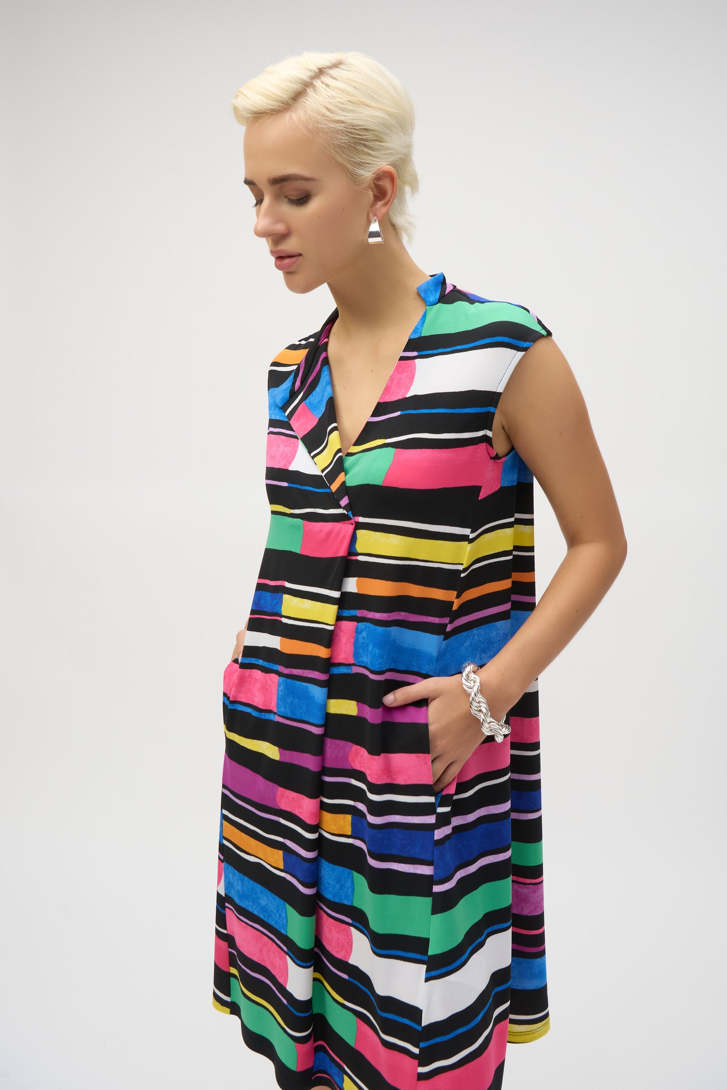 Silky Knit Stripe Print Trapeze Dress. Style JR252171