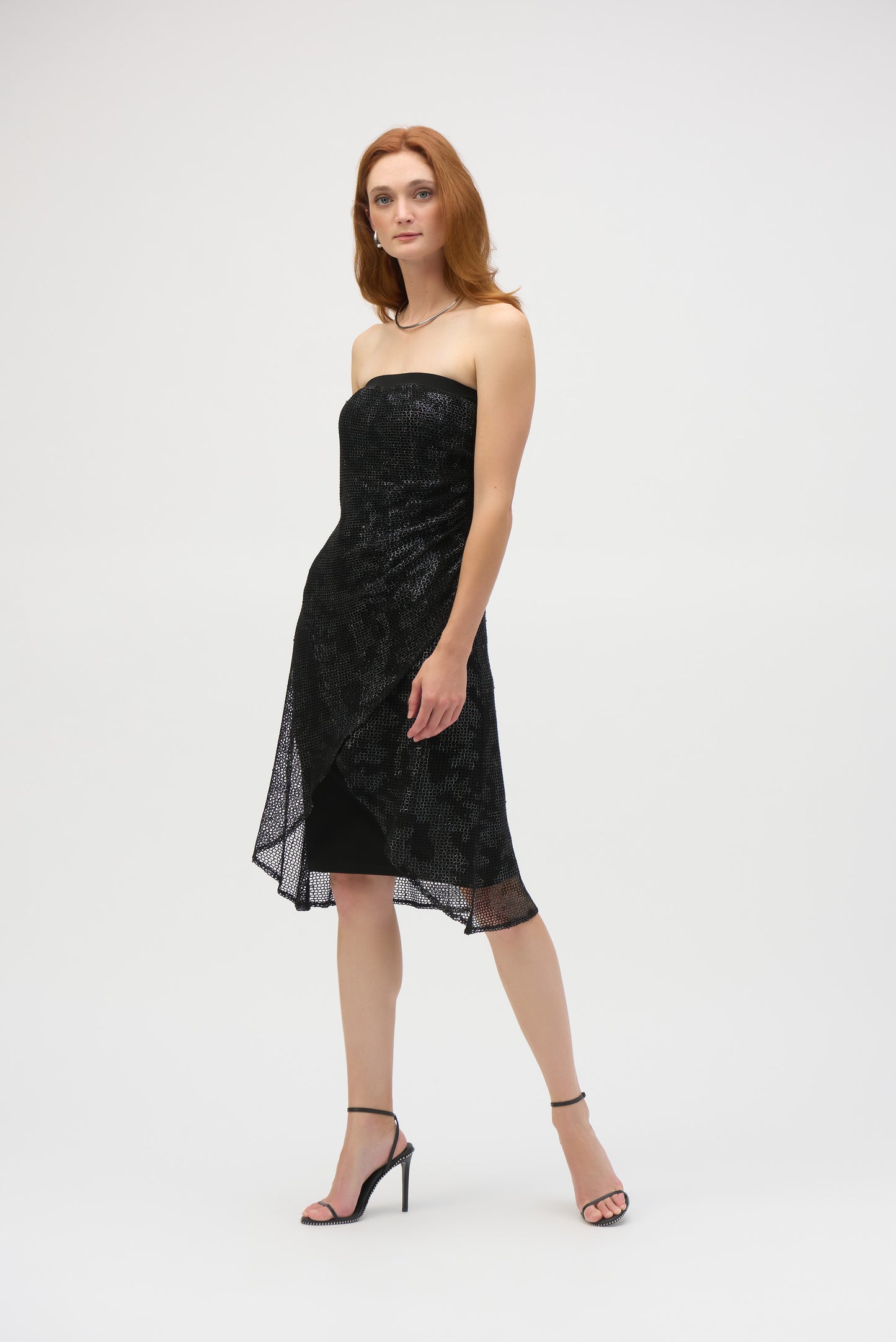 Foiled Mesh & Silky Knit Optional Strapless Dress. Style JR252198