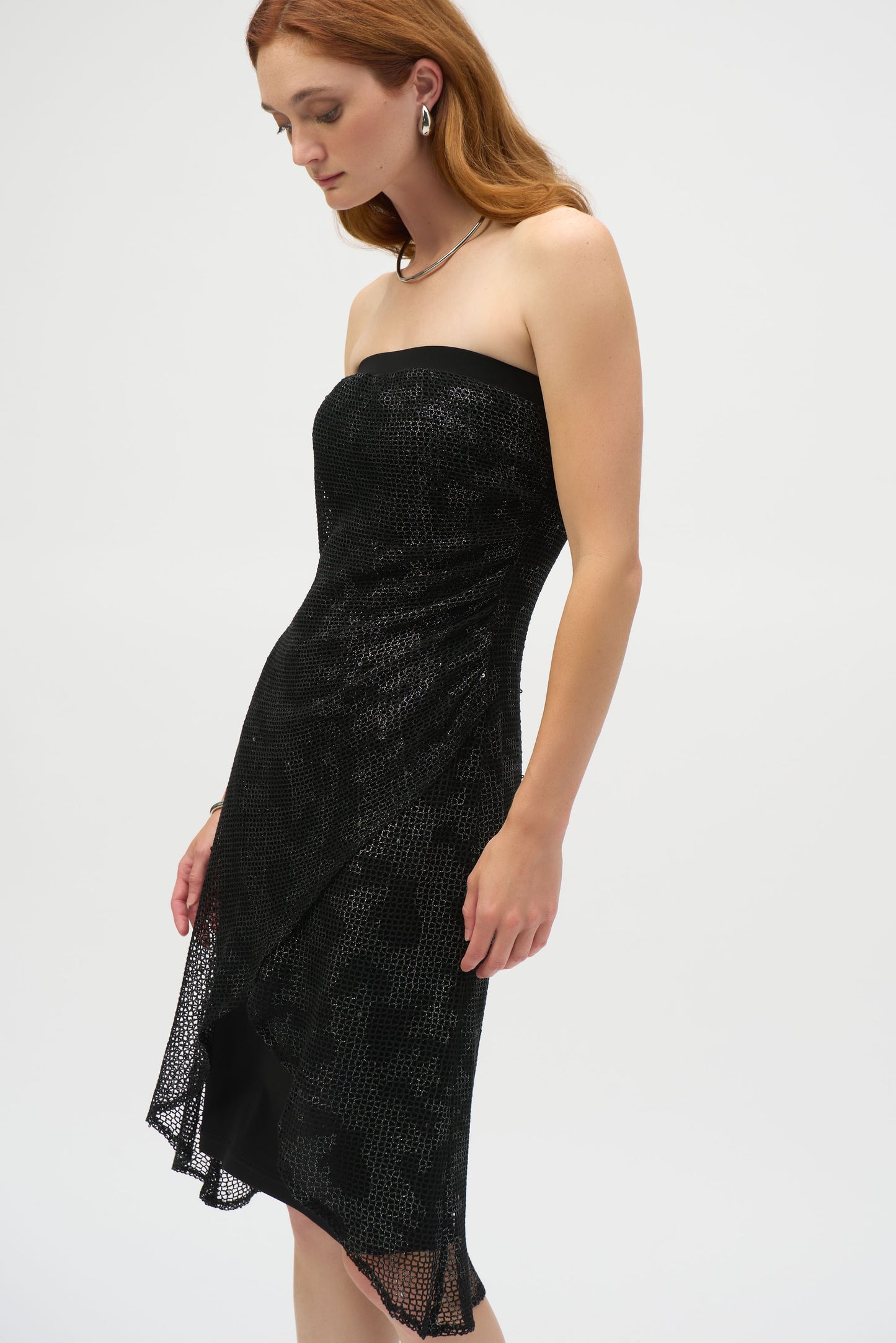 Foiled Mesh & Silky Knit Optional Strapless Dress. Style JR252198