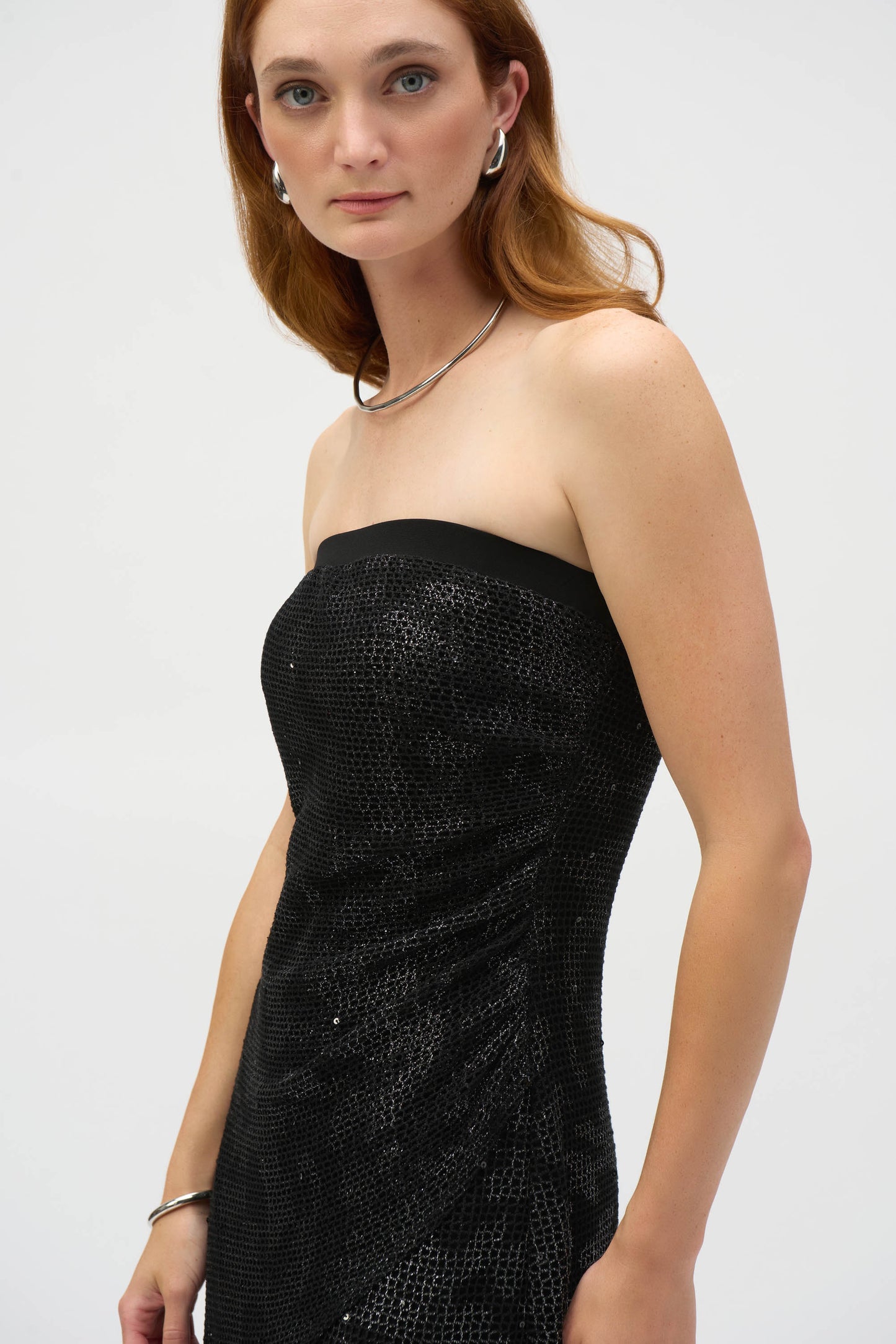 Foiled Mesh & Silky Knit Optional Strapless Dress. Style JR252198