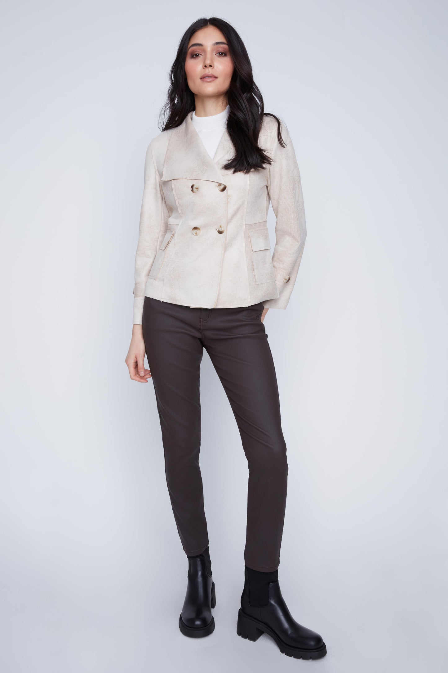 Faux Leather Tailored Lapel Collar Jacket. Style CYC2522057