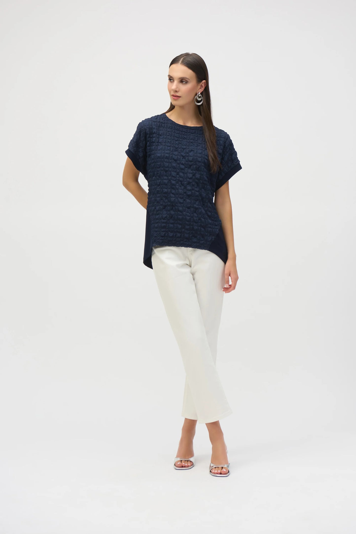 Bubble Jacquard & Silky Knit High Low Top. Style JR252213