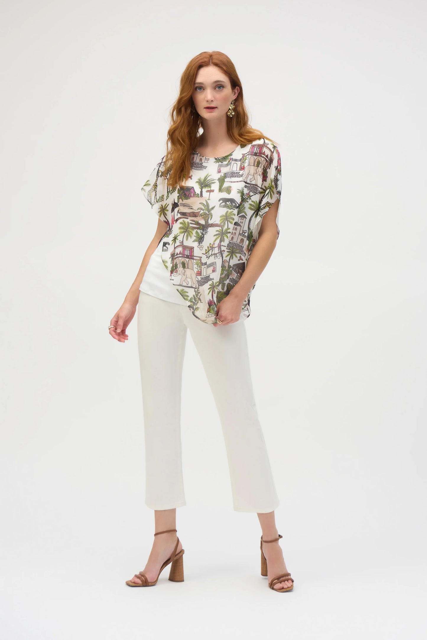 Chiffon Conversational Print Layered Poncho Top. Style JR252228