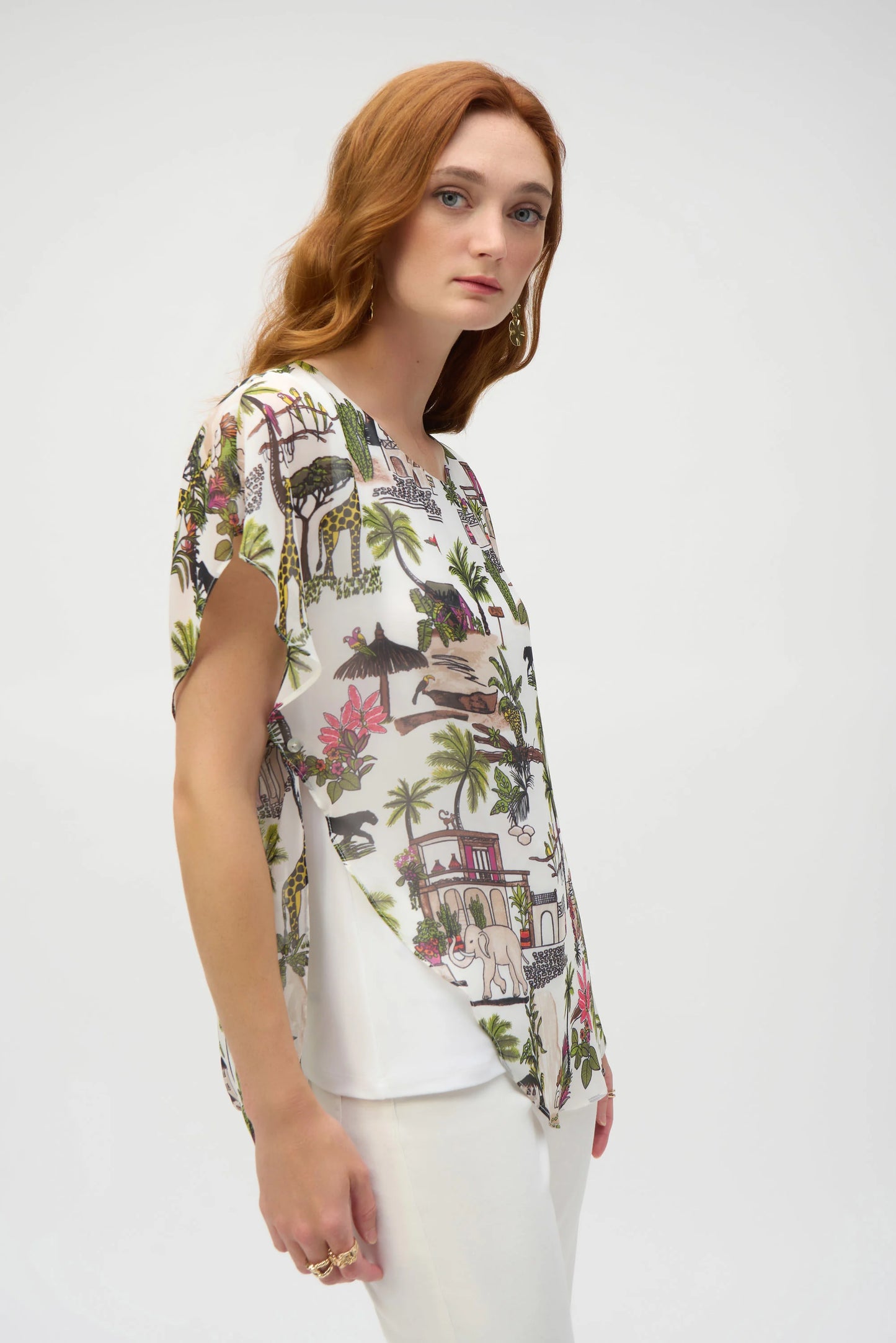 Chiffon Conversational Print Layered Poncho Top. Style JR252228