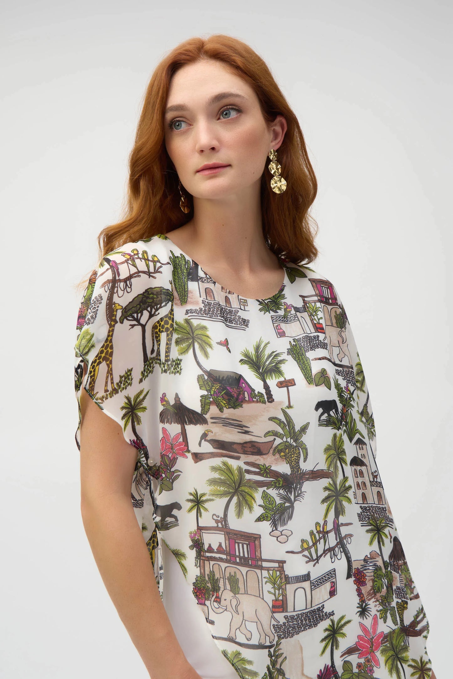 Chiffon Conversational Print Layered Poncho Top. Style JR252228