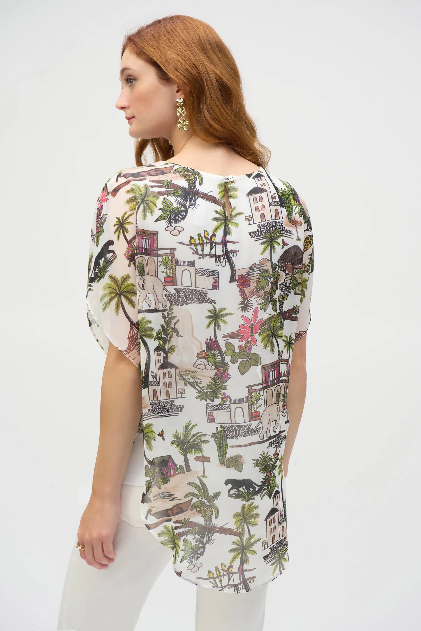 Chiffon Conversational Print Layered Poncho Top. Style JR252228