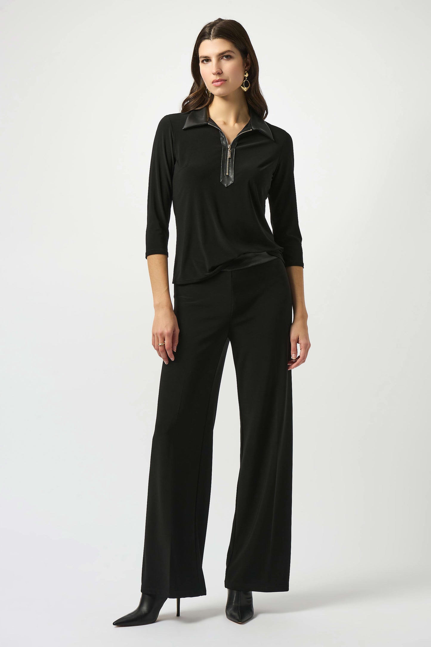 Silky Knit & Leatherette Wide-Leg Pants. Style JR253114