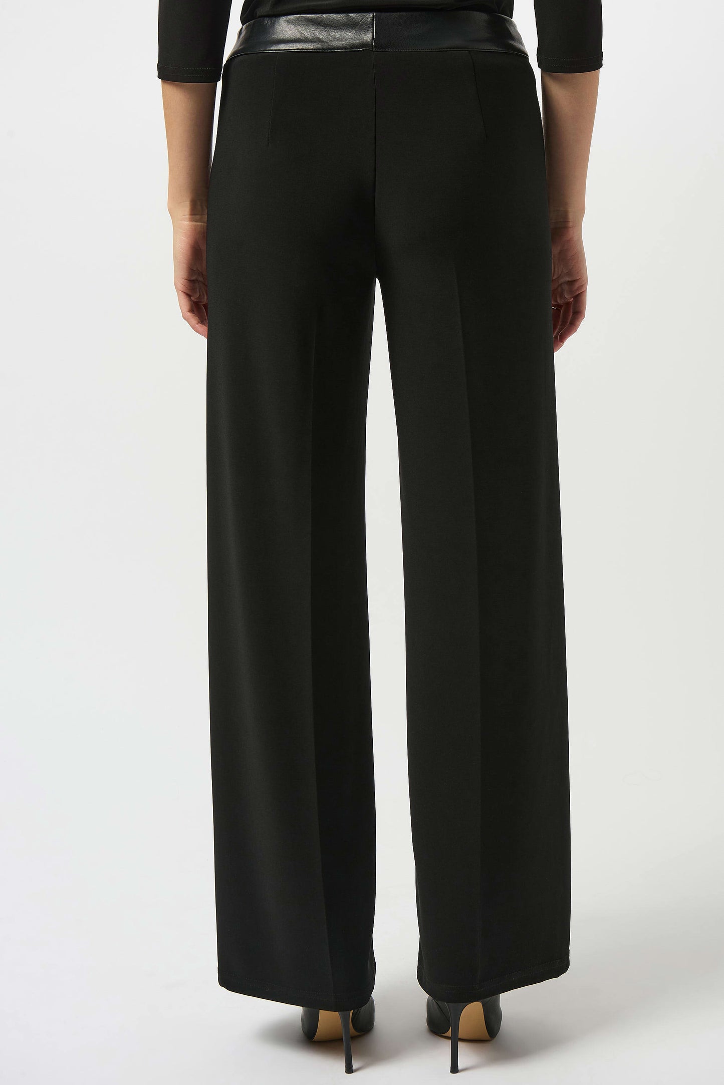Silky Knit & Leatherette Wide-Leg Pants. Style JR253114