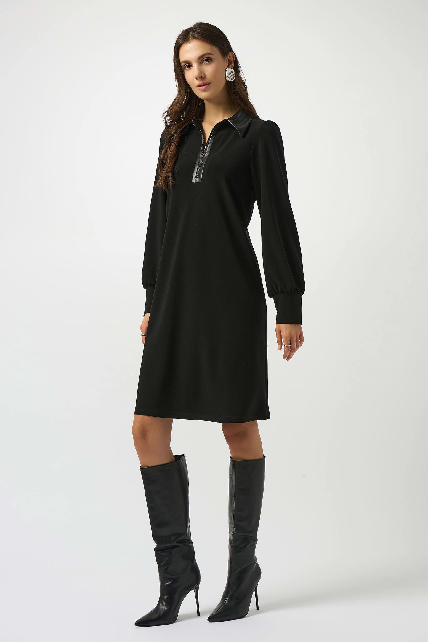 Silky Knit & Leatherette Trapeze Dress. Style JR253164