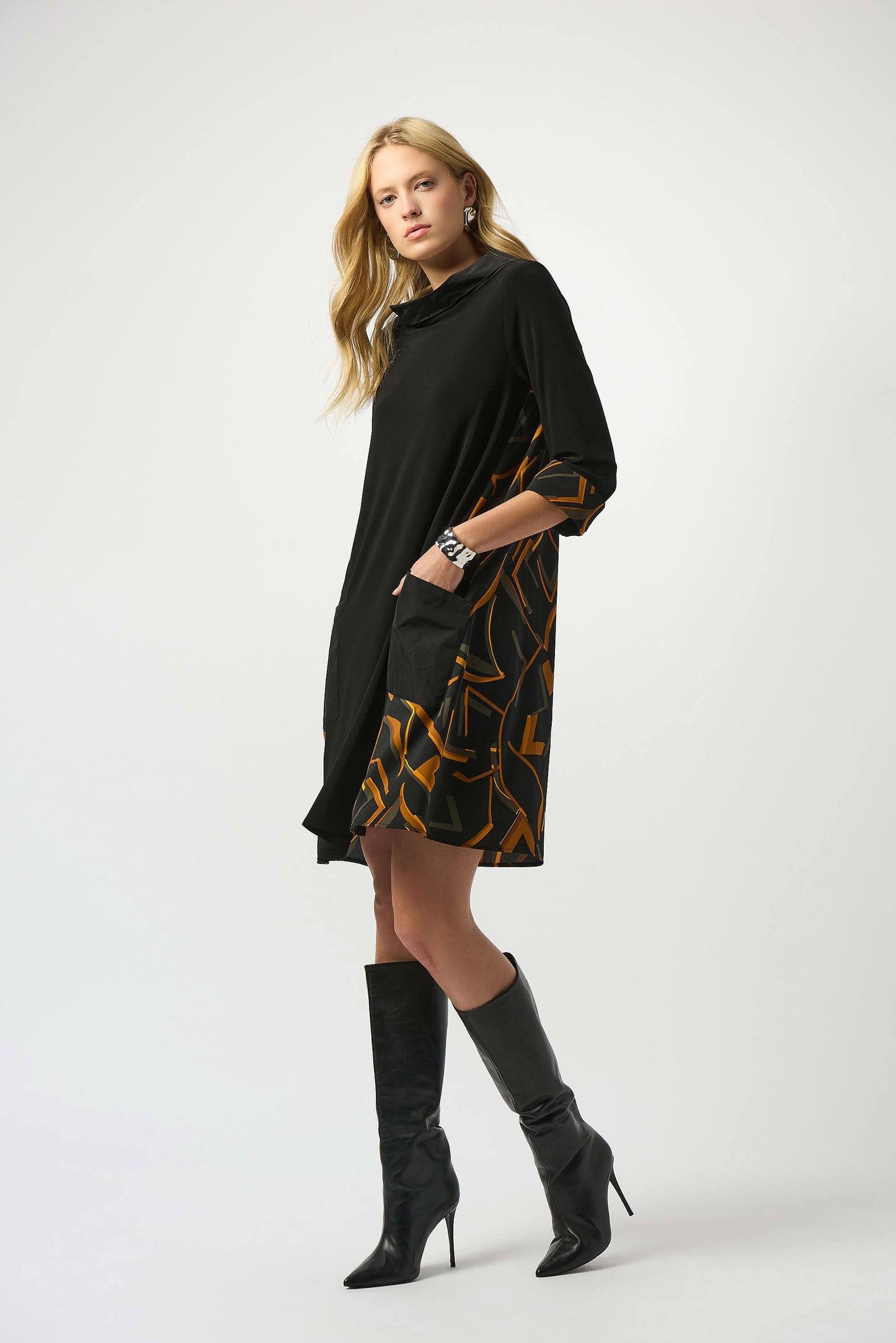 Recycled Woven Abstract Print And Silky Knit Dress. Style JR253186