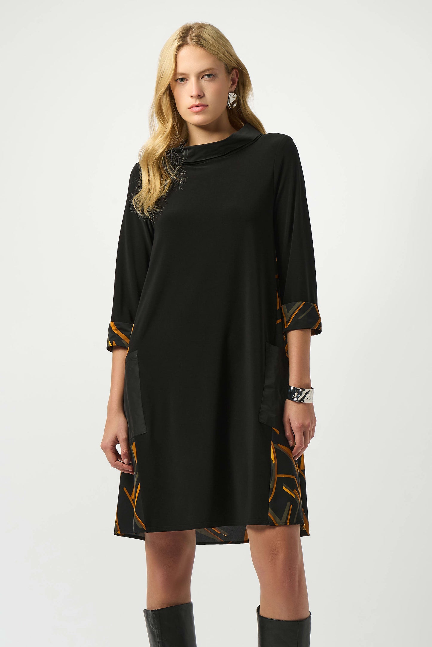 Recycled Woven Abstract Print And Silky Knit Dress. Style JR253186