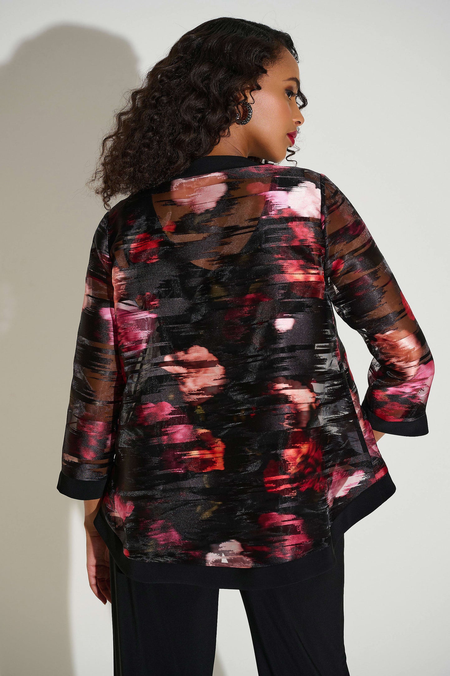Organza & Silky Knit Floral Swing Jacket. Style JR253792