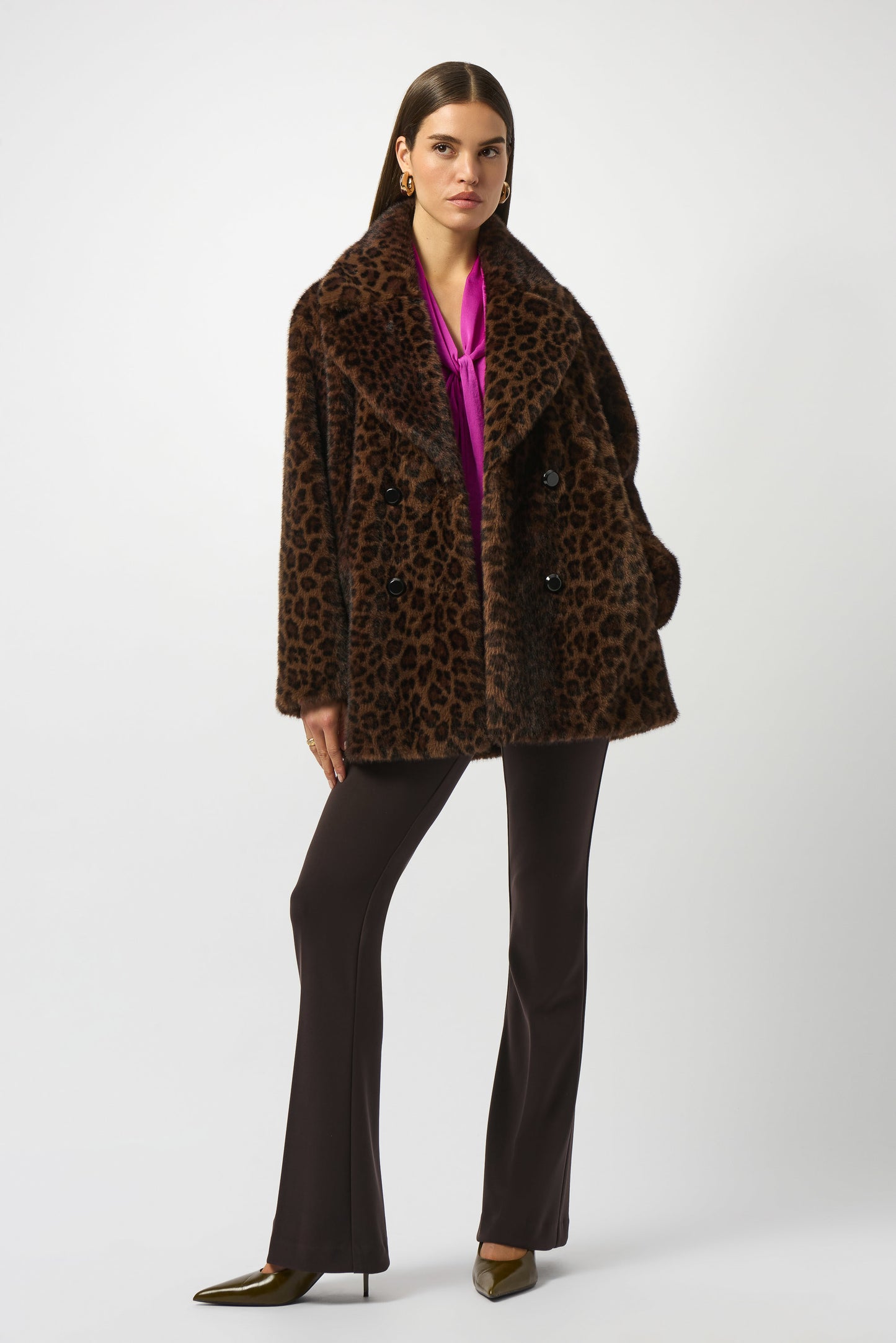 Faux Fur Leopard Print Double-Breasted Coat. Style JR253937